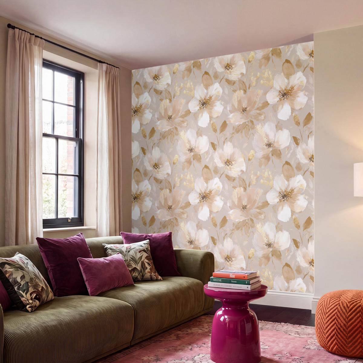 TAPETE - Blumen - künstlerisch - Gold - 220x220 cm - Beige, Papier (220/220cm) - OnlyWow