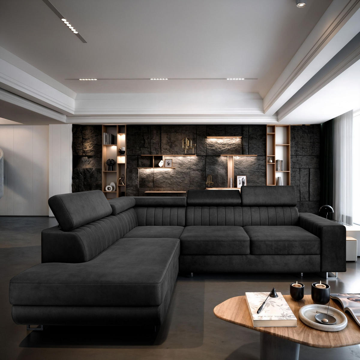 ECKSOFA NOLA L-S Schwarz Velours-Stoff mit Schlaffunktion - Schwarz, Holz (253/190cm) - MASSENO