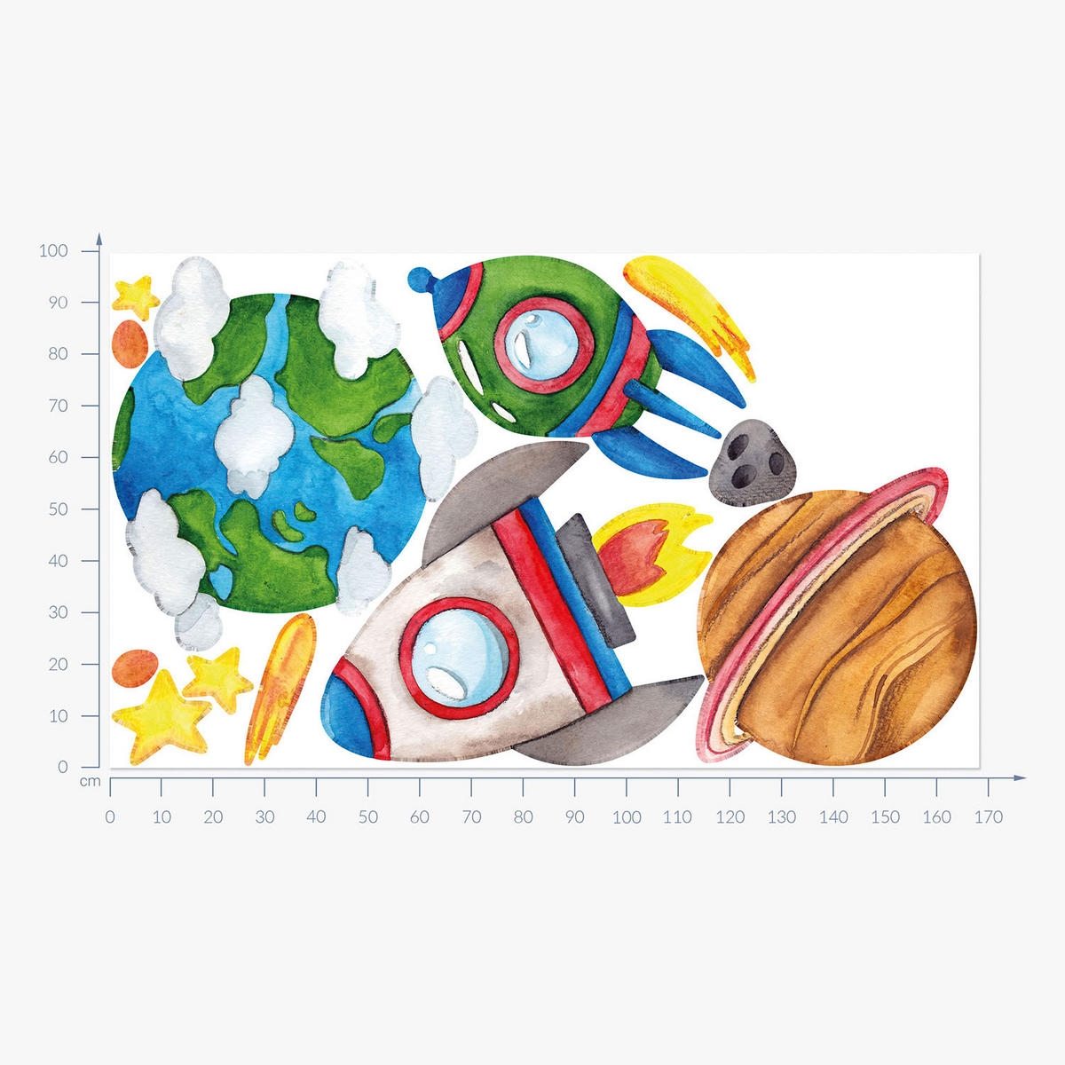 WANDAUFKLEBER 100x169cm - Erde Raketen Sterne - Multicolor, Kunststoff (100/169/0.1cm) - Wallfluent