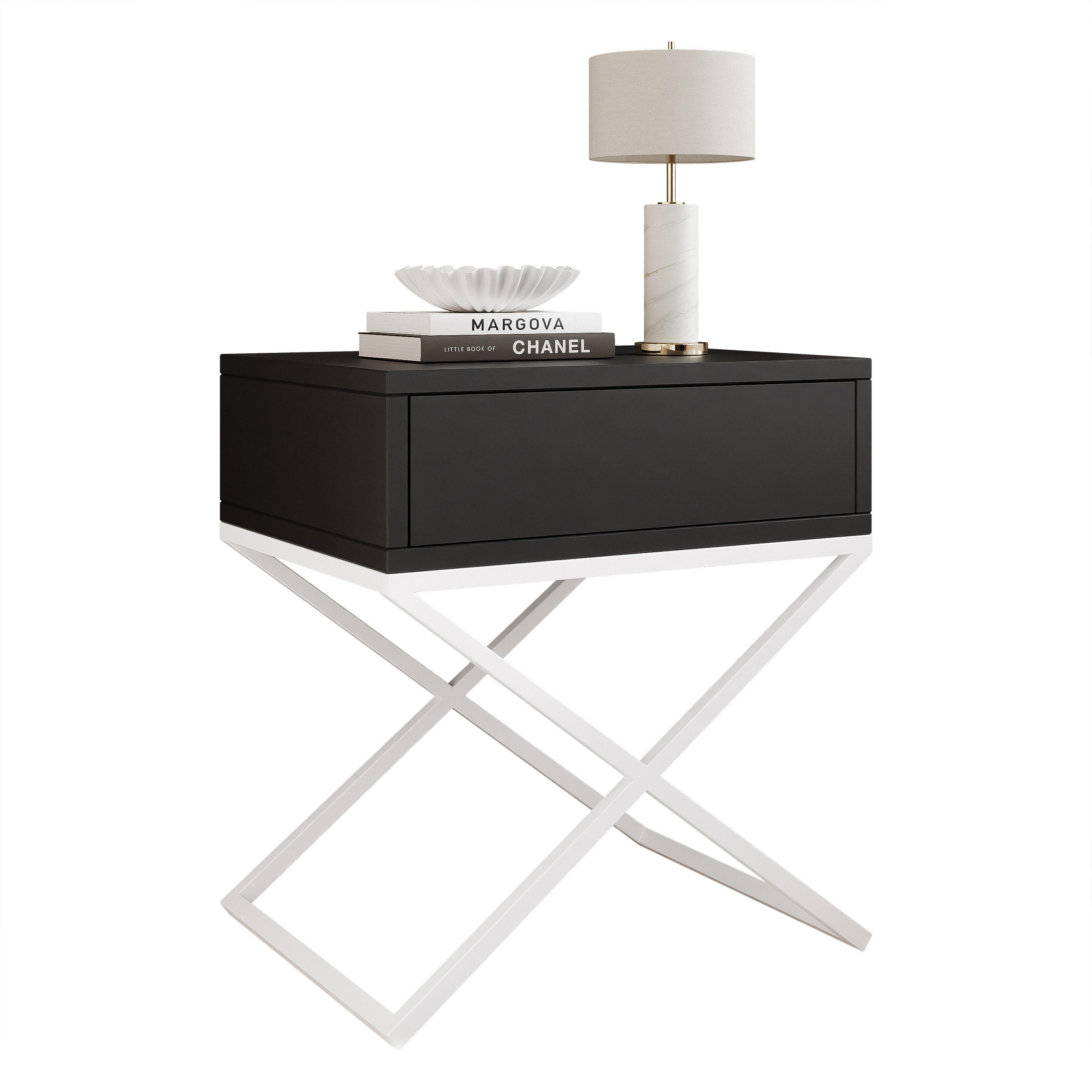 NACHTSCHRANK KSENO mit Schublade, 45/35/50 cm, Weiß / Schwarz - Schwarz/Weiß, Holzwerkstoff/Metall (45/50/35cm) - Idohome