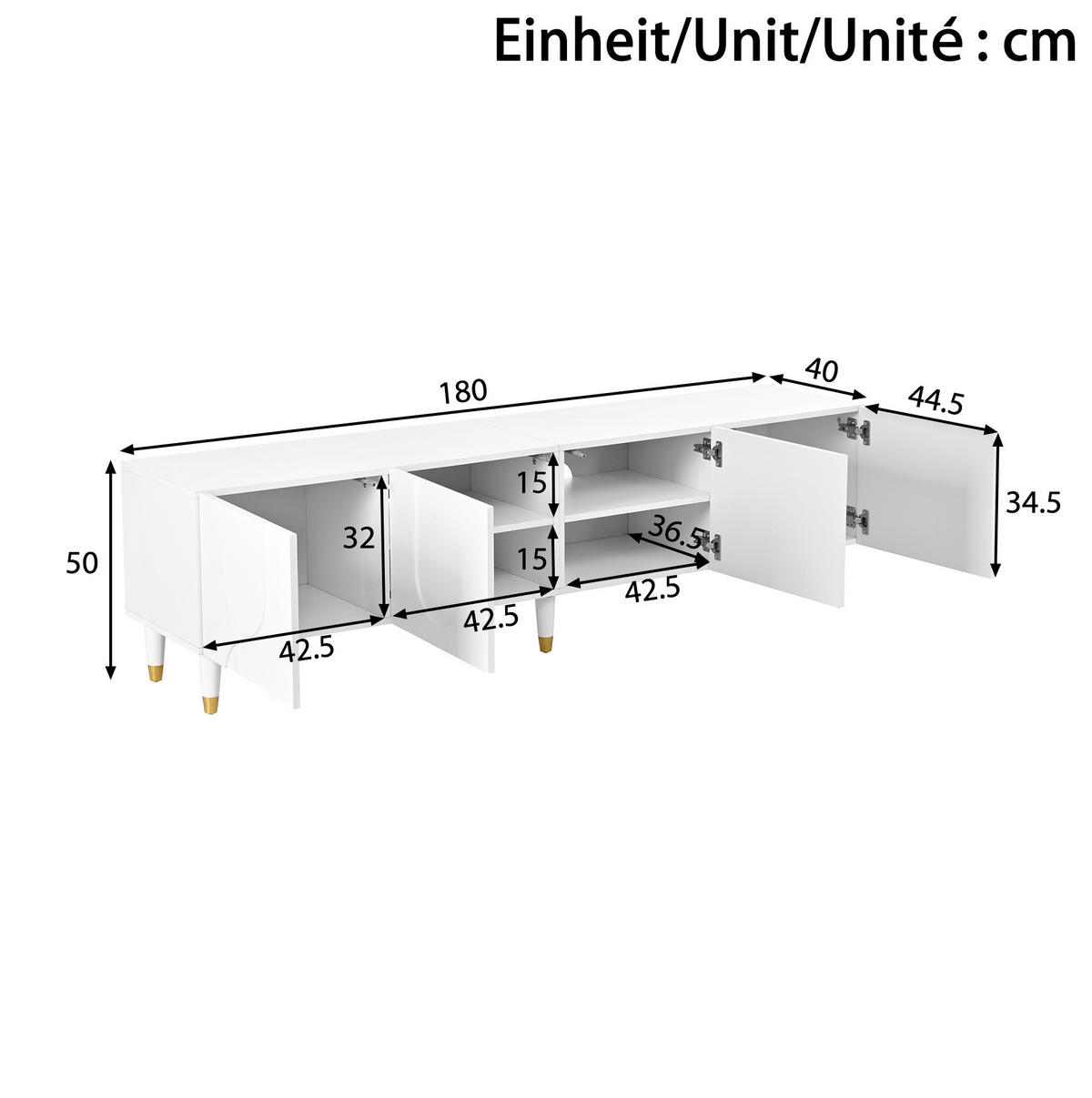 TV-SCHRANK mit 4 Türen 180 x 40 x 50 cm Weiß - Weiß, Holzwerkstoff (40/50/180cm) - Beauniv