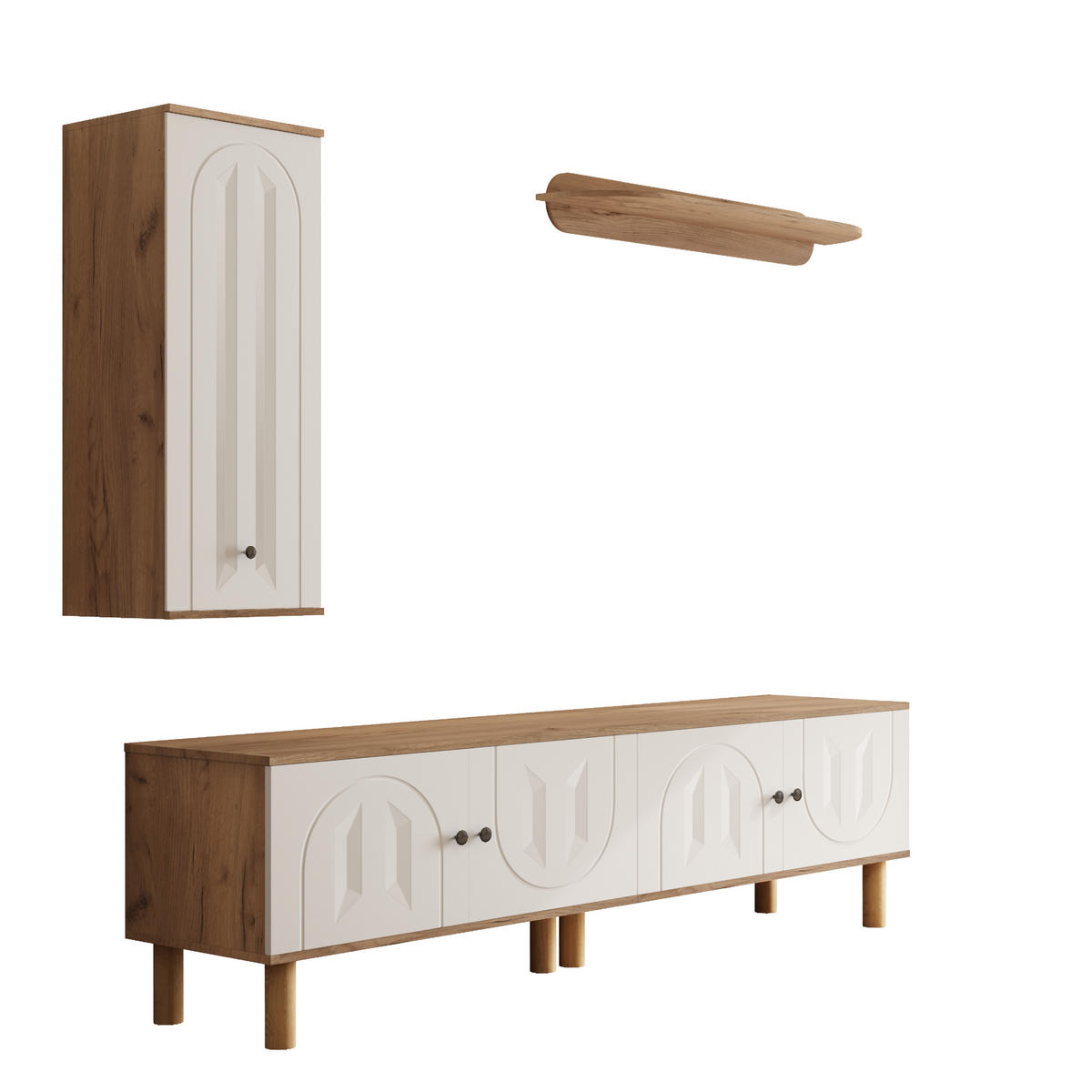 WOHNWAND DE-40122 3-teilig mit geschnitzten Türpaneelen Weiß - Weiß, Holzwerkstoff (170/47/40cm) - ComfortXL