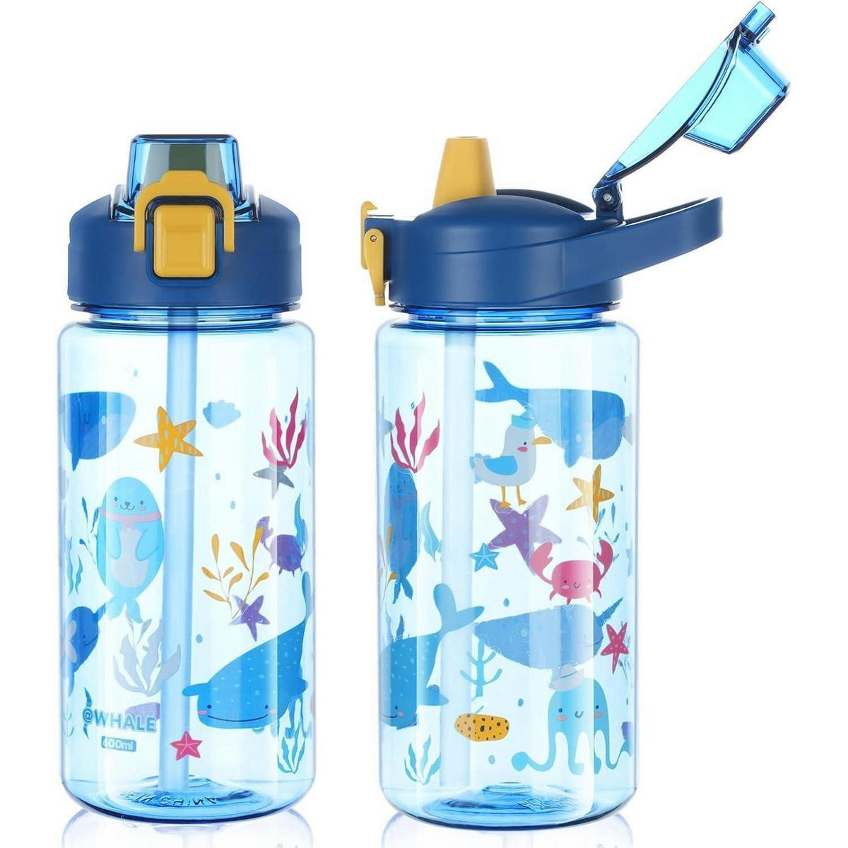 KINDER-TRINKFLASCHE mit Strohhalm 600 ml Blau Kaninchen - Blau, Kunststoff (7.7/7.7cm)