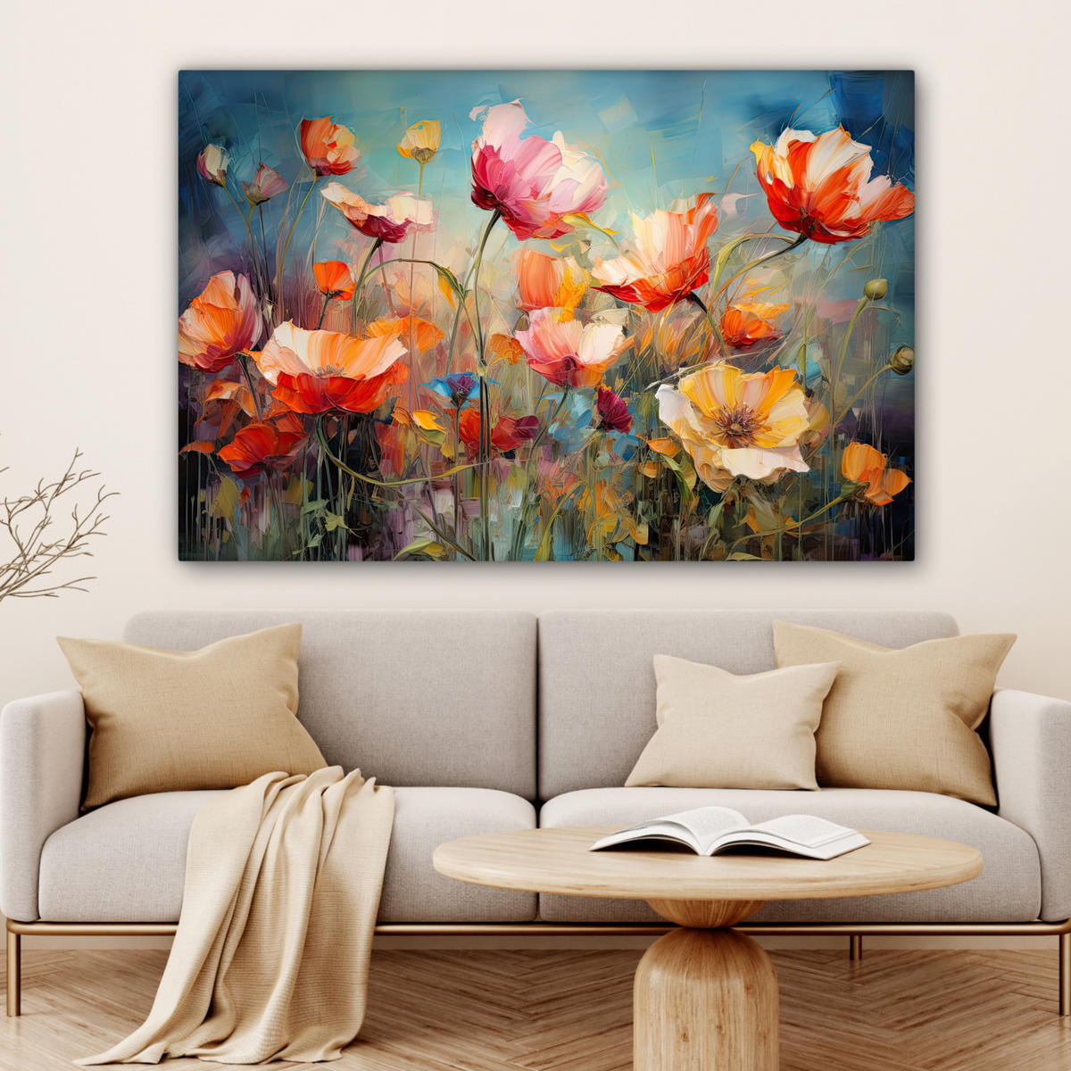 LEINWANDBILD Blumen - Aquarell - Kunst - Botanisch - Natur Wohnzimmer Groß 120x80 cm - Orange, Textil (120/80cm) - MuchoWow