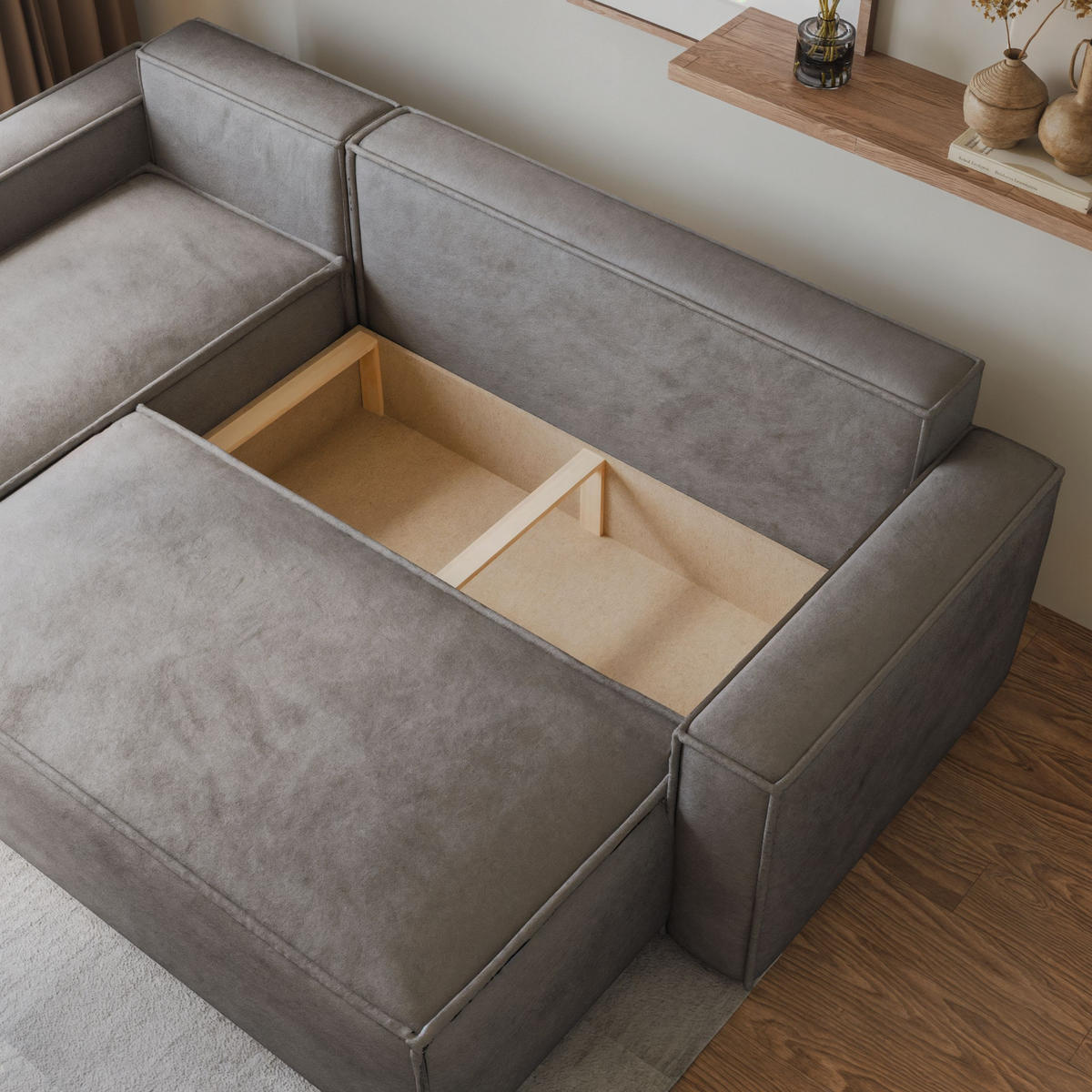 ECKSOFA RAVELO M Creme Velours-Stoff mit Schlaffunktion - Creme, Holz (240/140cm) - MASSENO