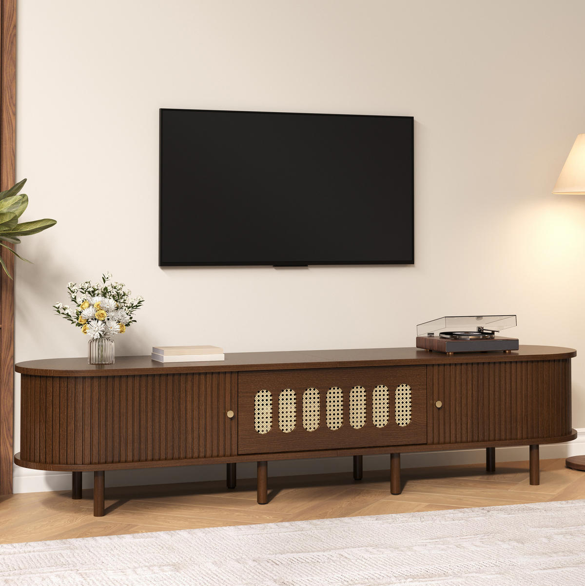TV skrinka 180/40/40 cm tmavý orech z MDF s ratanovým vzhľadom a roletovými dvierkami - hnedá, kompozitné drevo (180/40/40cm) - OKWISH