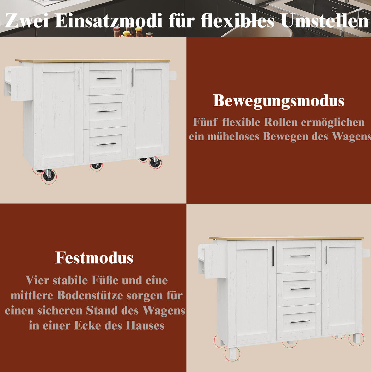 KÜCHENINSEL 135/46-74/86,6 cm weiß und Metall mit klappbarer Tischplatte - Weiß, Holzwerkstoff (135/87.2/74cm) - OKWISH