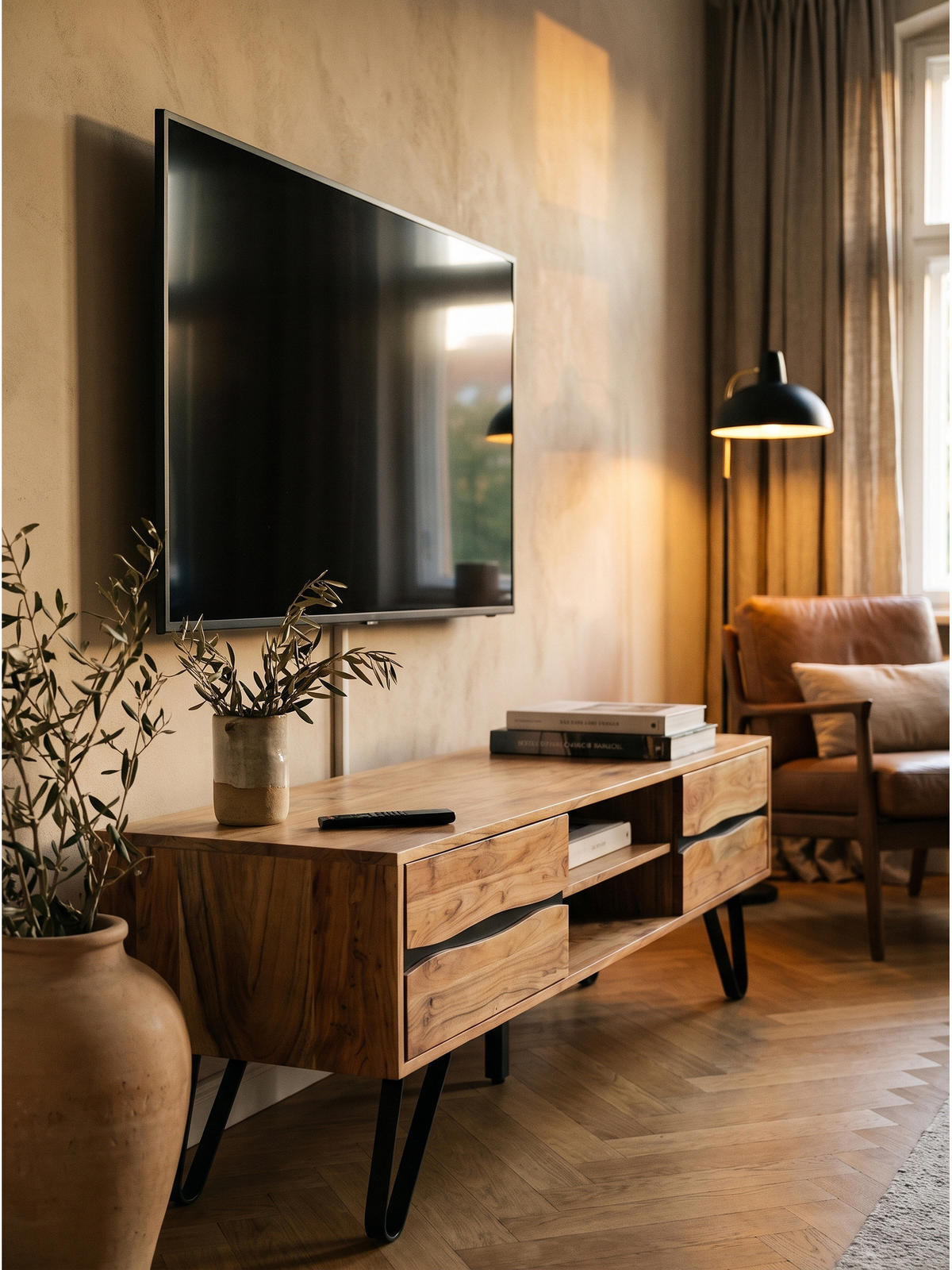 LOWBOARD BETANZOS, Akazie Massivholz, 160 x 44,5 x 50 cm - Schwarz/Akaziefarben, Holz/Metall (160/50/44.5cm) - KADIMA DESIGN