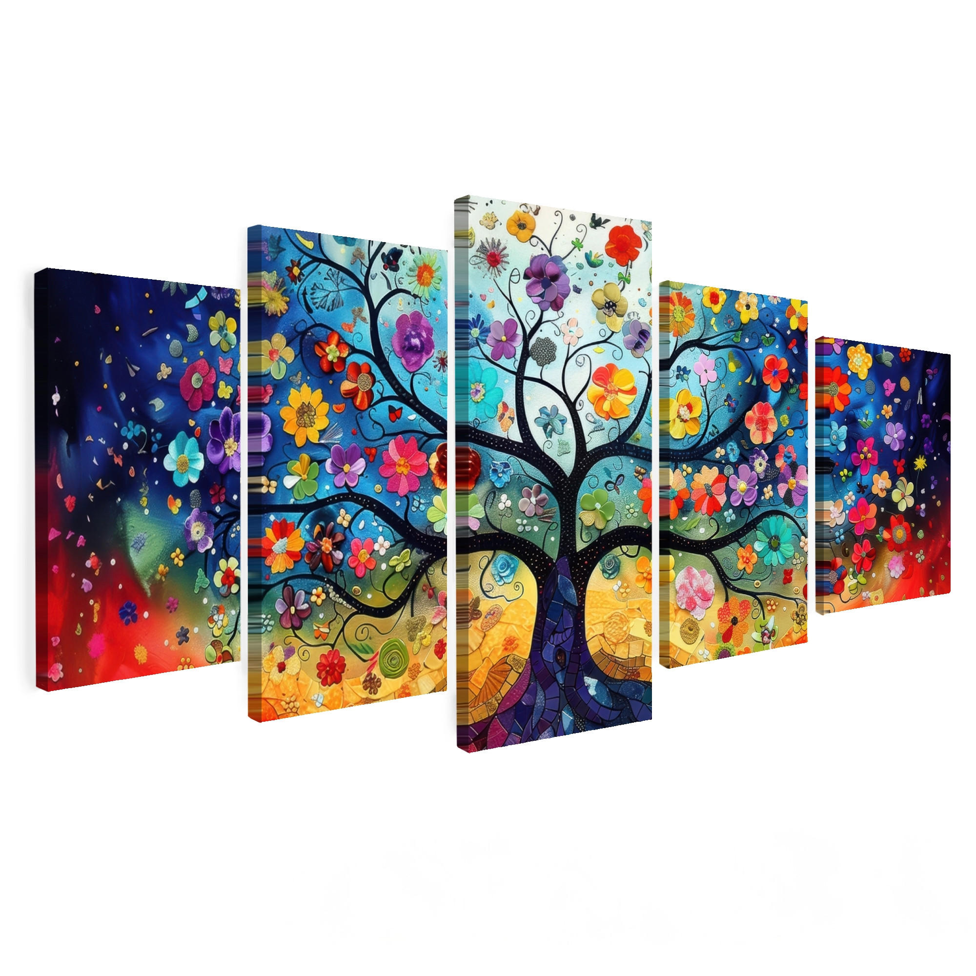 OBRAZ NA PLÁTNĚ 5dílná sada Barevné - Strom života - Květiny - Abstraktní 100x50 cm - modrá, textil (100/50cm) - MuchoWow
