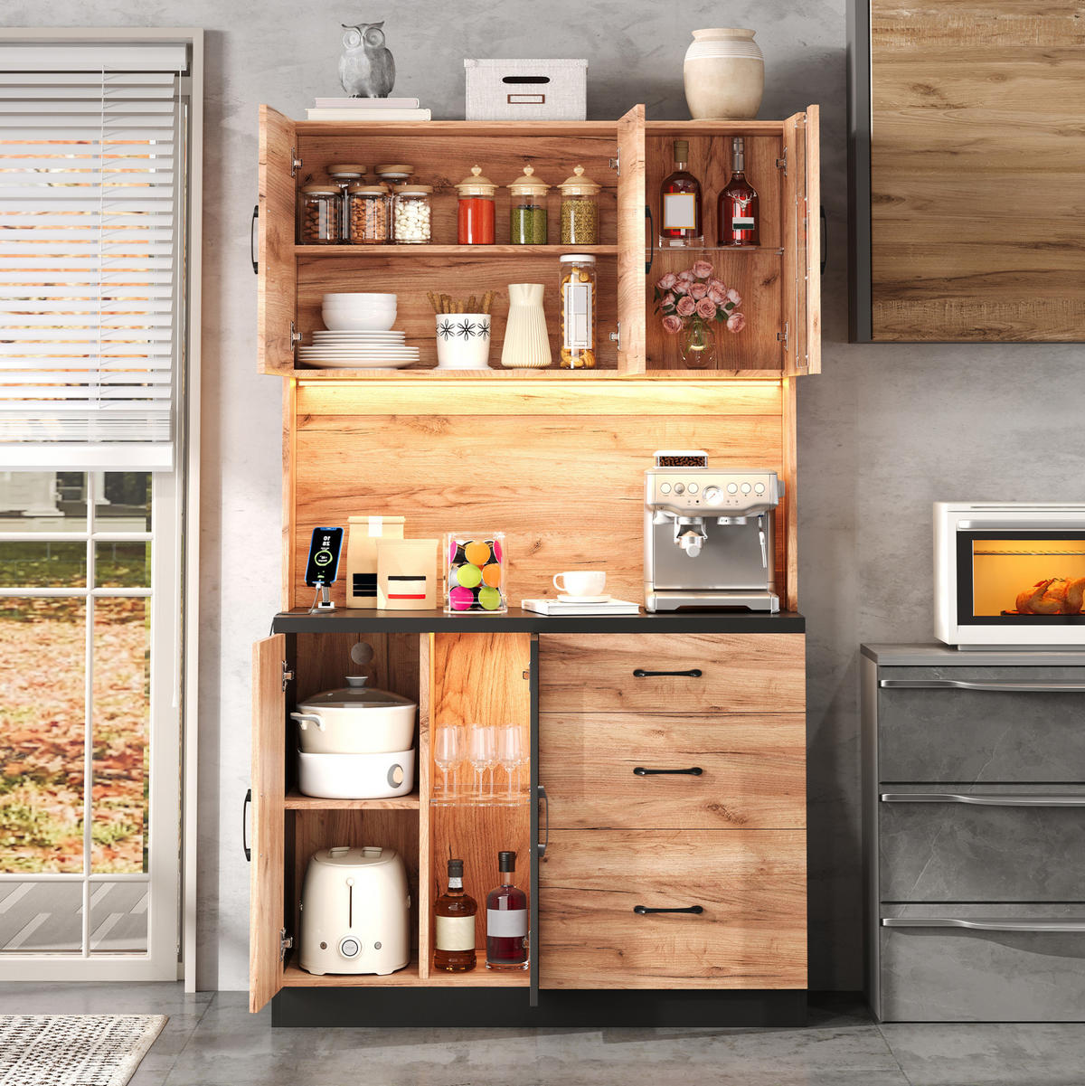 BUFFETSCHRANK 105/40/180 cm mit LED-Beleuchtung, Steckdose, verstellbaren Einlegeböden aus MDF, Neutral - Naturfarben, Holzwerkstoff (105/180/40cm) - Redom