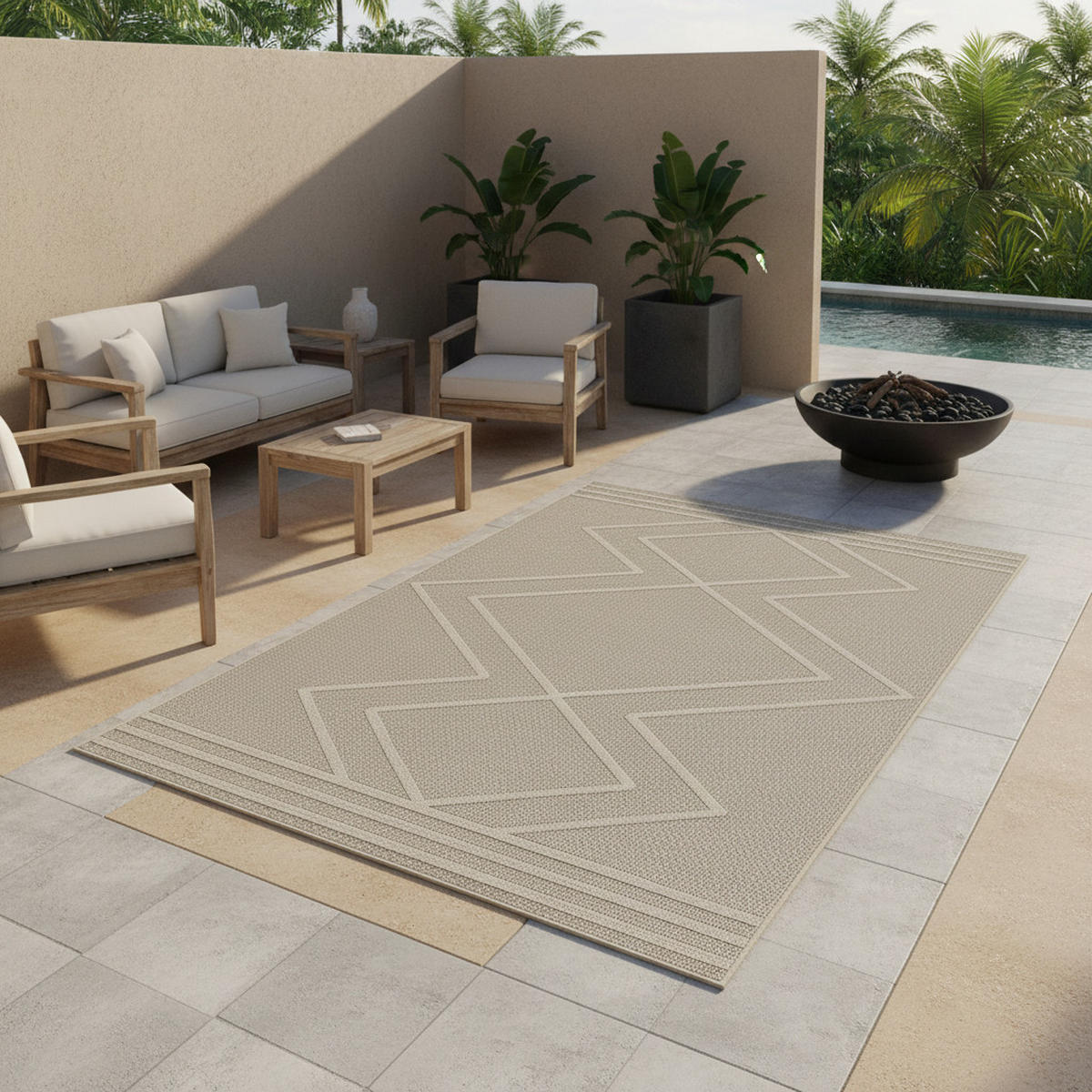 TEPPICH Outdoor Flachgewebe Boho-Muster Polypropylen Küche Beige Rechteckig 240x340 - Beige, Textil (240/340cm) - KADIMA DESIGN