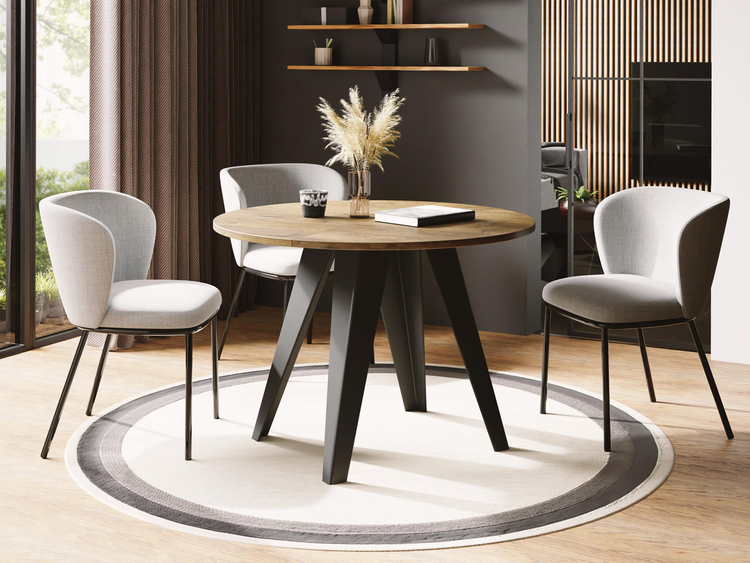 ESSTISCH Glory runder ausziehbarer, Lancelot Eiche 100-140/100/76 cm - Eichefarben/Schwarz, Holzwerkstoff/Metall (100/100/76cm) - WFL GROUP