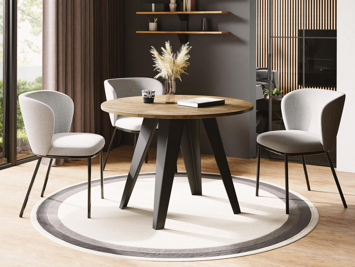 ESSTISCH Glory runder ausziehbarer, Lancelot Eiche 90-130/100/76 cm - Eichefarben/Schwarz, Holzwerkstoff/Metall (90/90/76cm) - WFL GROUP
