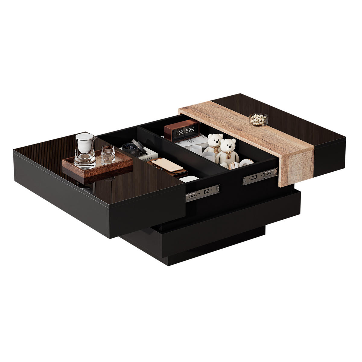 COUCHTISCH mit ausziehbarer Platte & Stauraum, MDF/PB, Schwarz-Holz Optik, Hochglanz, 70/70/39 cm,Schwarz - Schwarz, Holzwerkstoff (70/70/39cm) - Redom