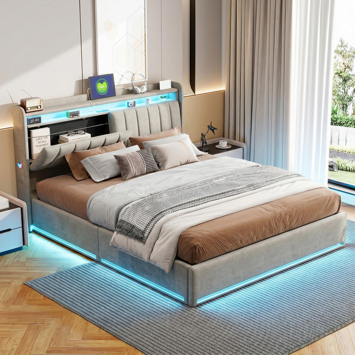 POLSTERBETT 160/200 cm grau mit Stauraum, LED und USB - Grau, Holz