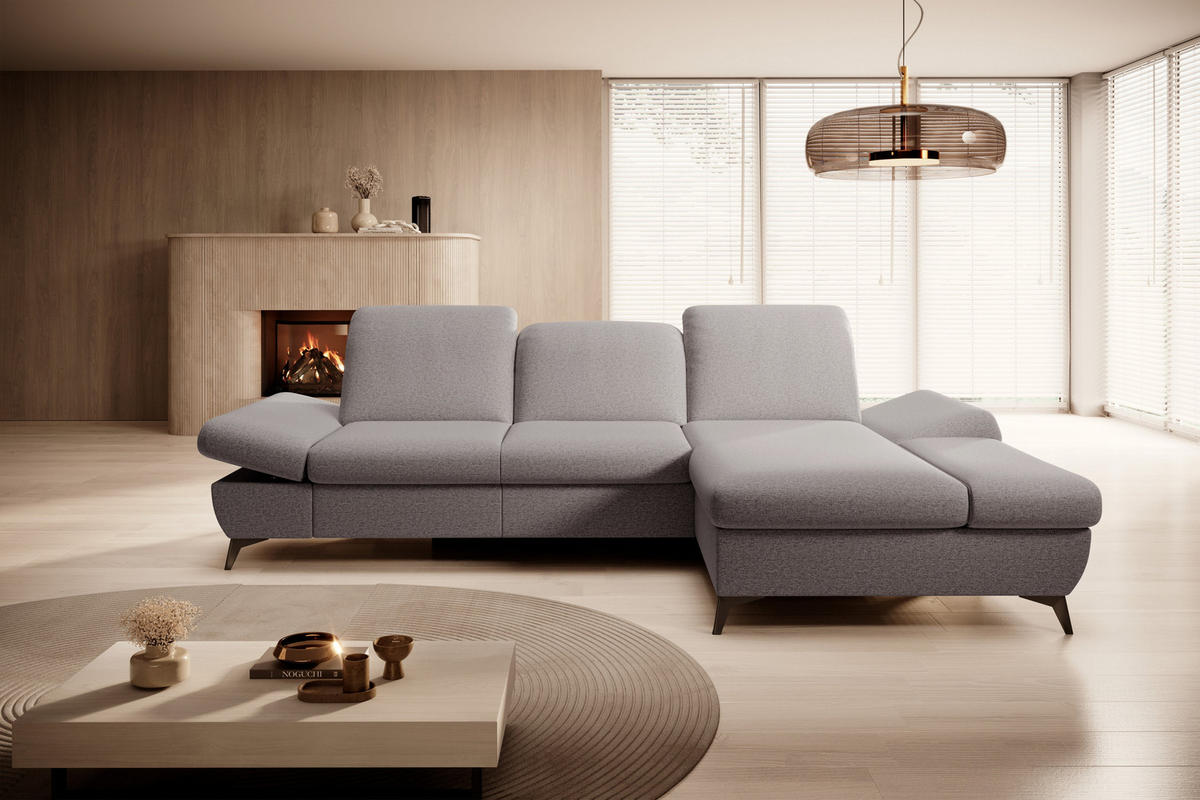 ECKSOFA FELICE R-S Grau Geflochtener Stoff mit Schlaffunktion - Grau, Holz (284/166cm) - MASSENO