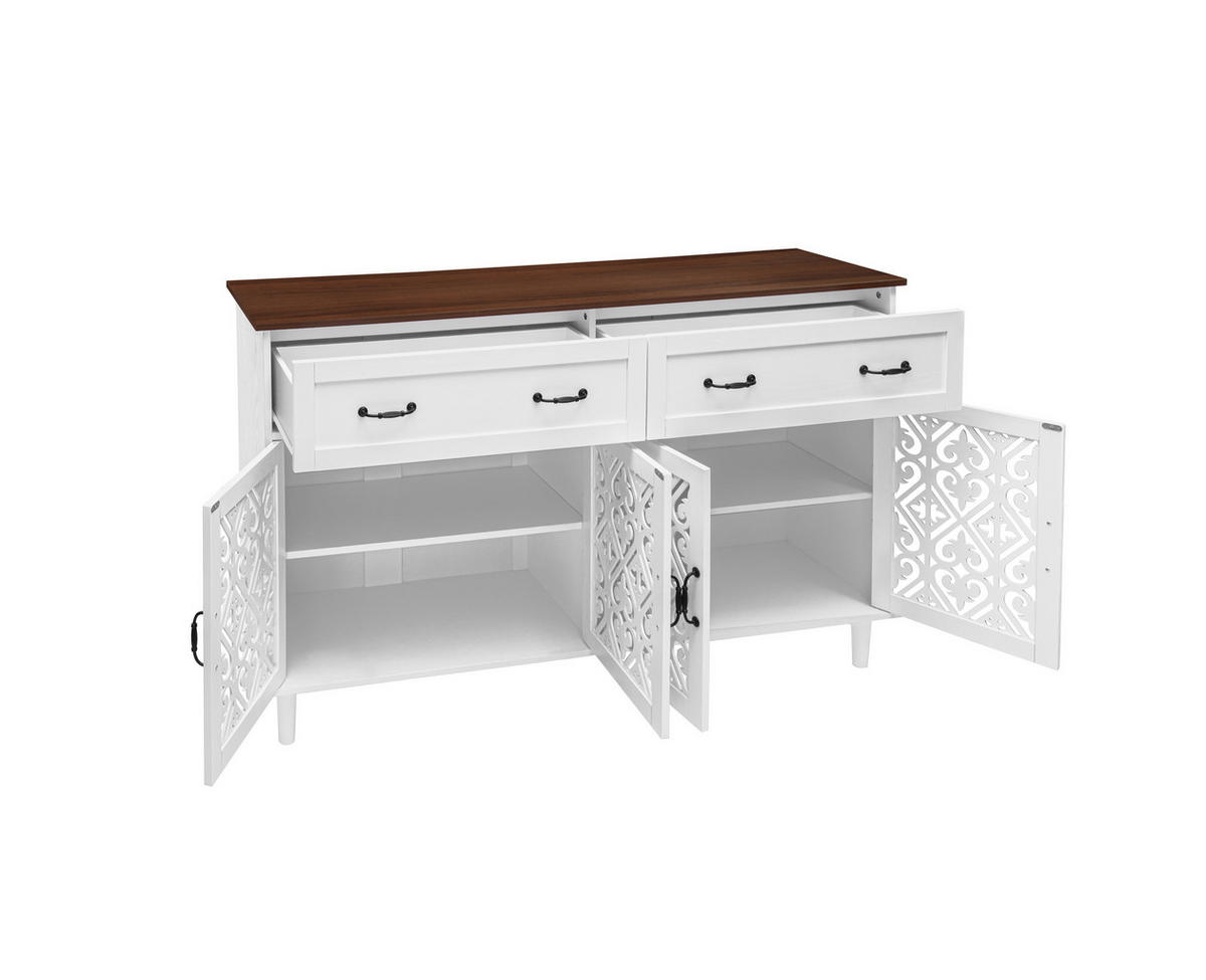 SIDEBOARD aus Spanplatte und Massivholz 150x40x93 cm Weiß mit 4 Türen, 2 Schubladen, verstellbaren Einlegeböden und Vintage-Front - Weiß, Holzwerkstoff (150/90.3/40cm) - Modfu