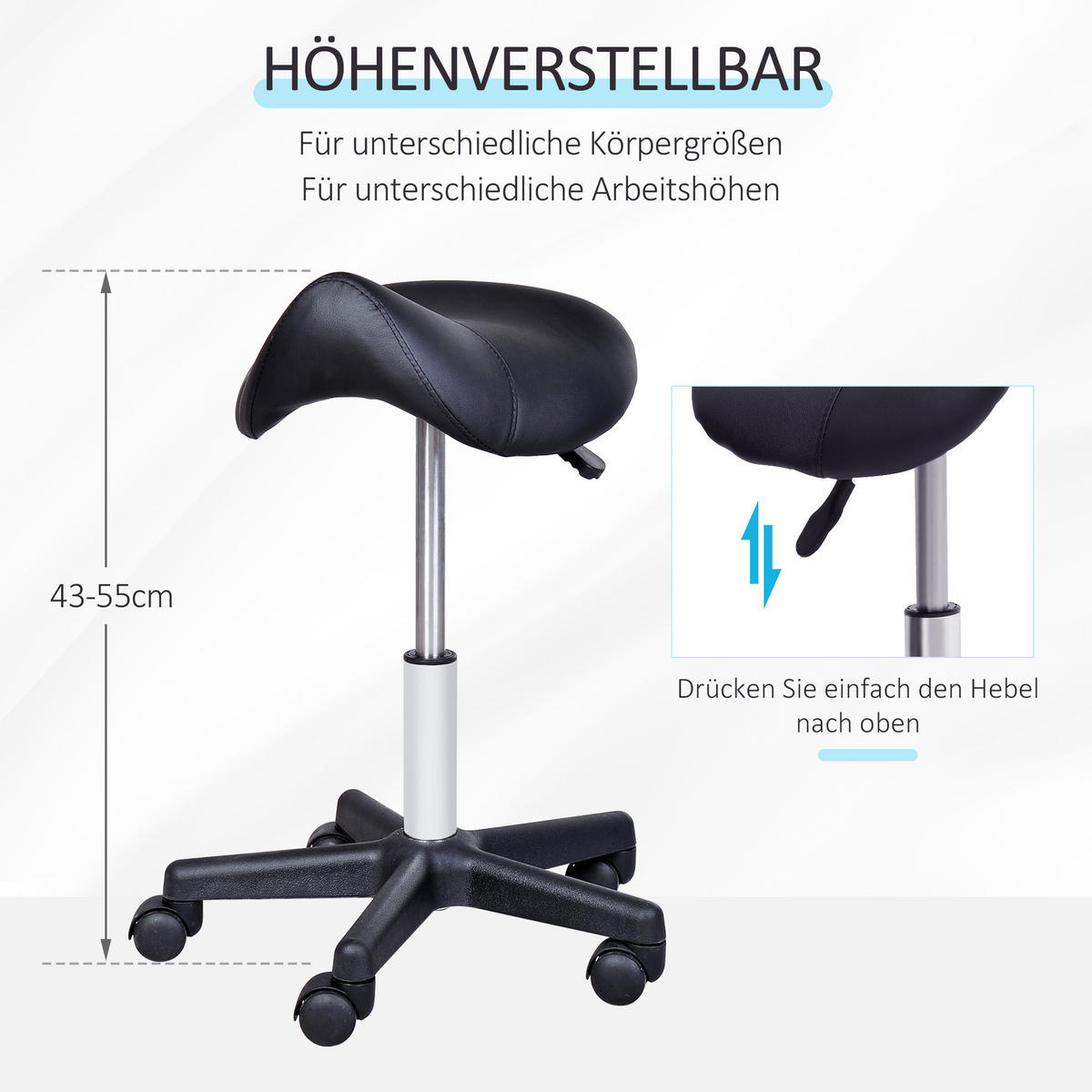 ROLLHOCKER, Höhenverstellbarer, Schwarz - Schwarz, Leder (38/55/35cm) - HOMCOM