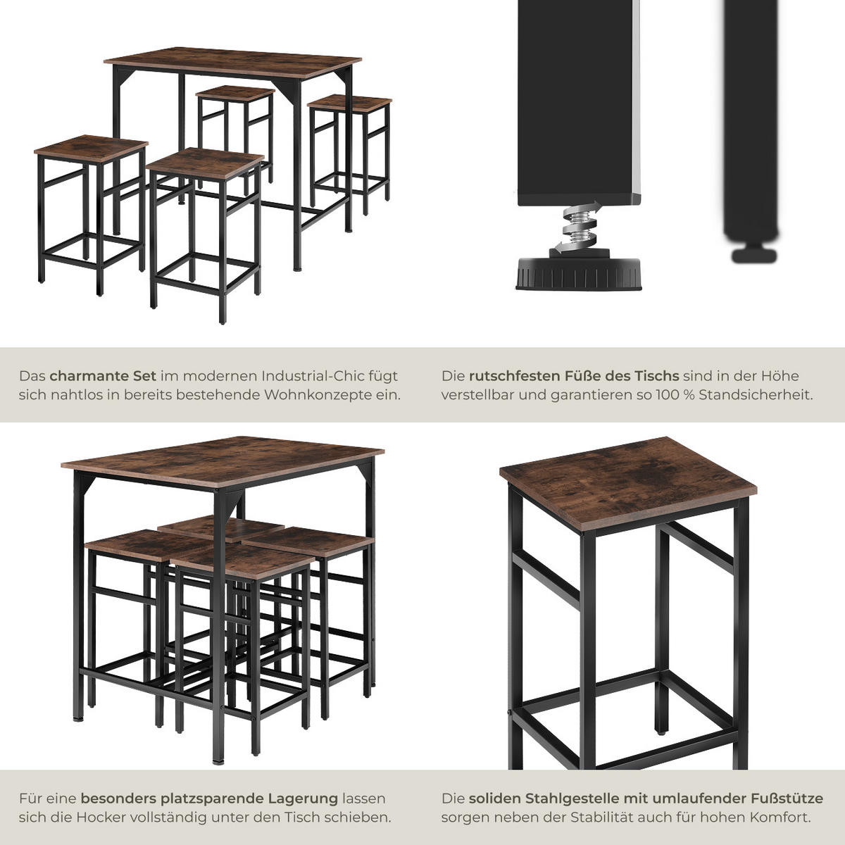BARTISCH-SET Edinburgh,mit höhenverstellbaren Kunststofffüßen,Industrial Holz dunkel, rustikal - Rostfarben, Holz (124/88.5/100cm) - tectake