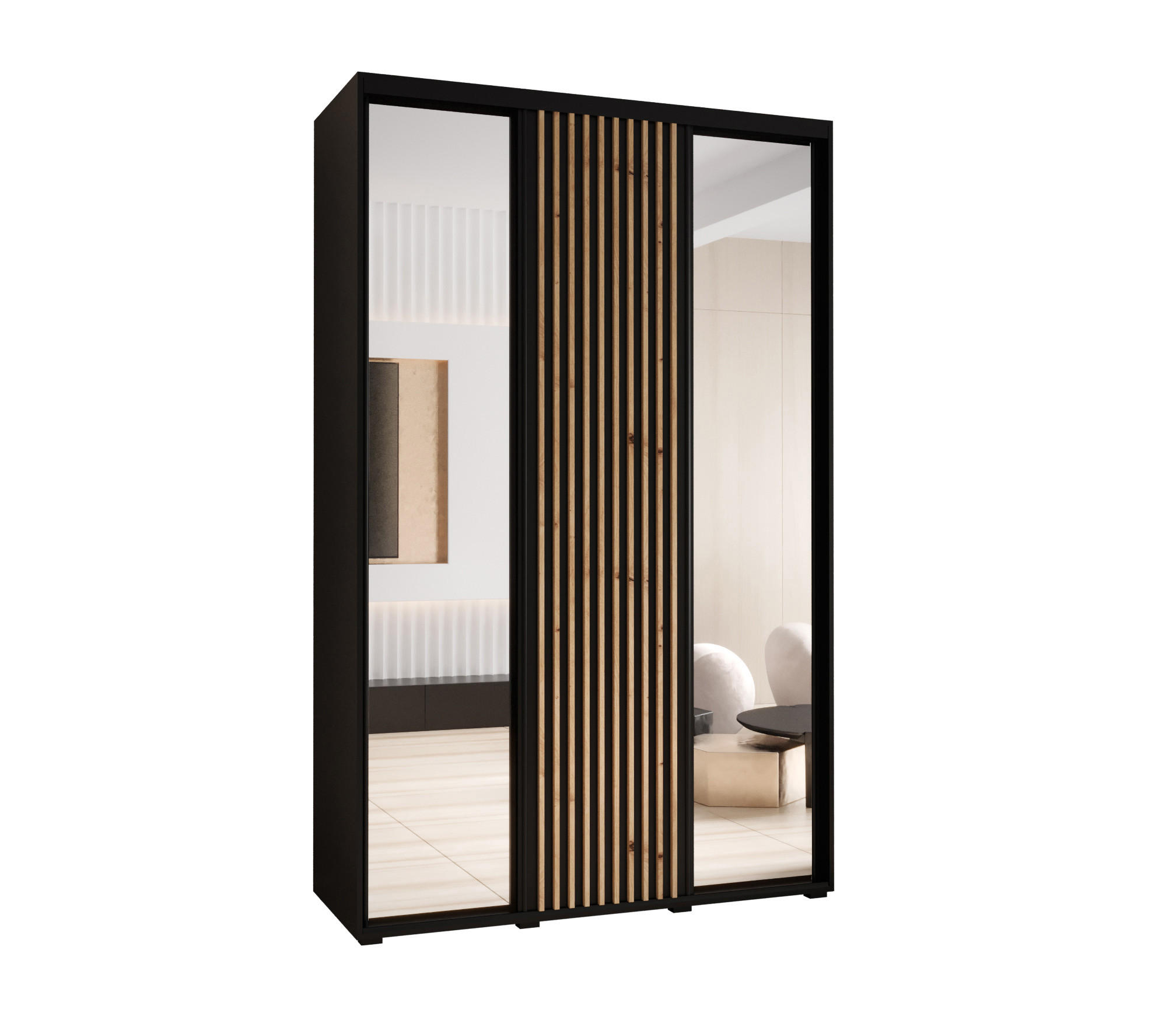 Abiks Möbel Schwebetürenschrank Schwarz, Schwarz, Eiche Artisan 150x205.2x45 cm