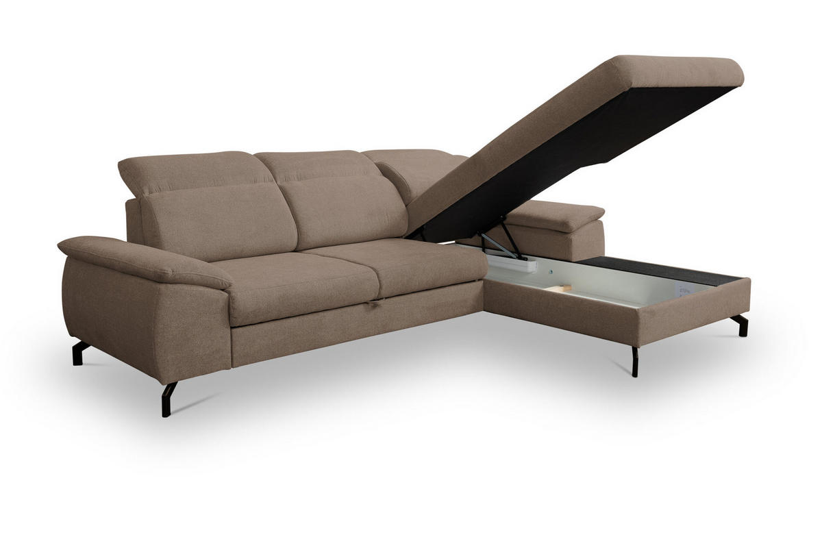 ECKSOFA MALIBU mit Schlaffunktion und Bettkasten, Farbe: Braun, Velourstoff, Ottomane Rechts - Braun, Textil (276/184cm) - VENASI MÖBEL