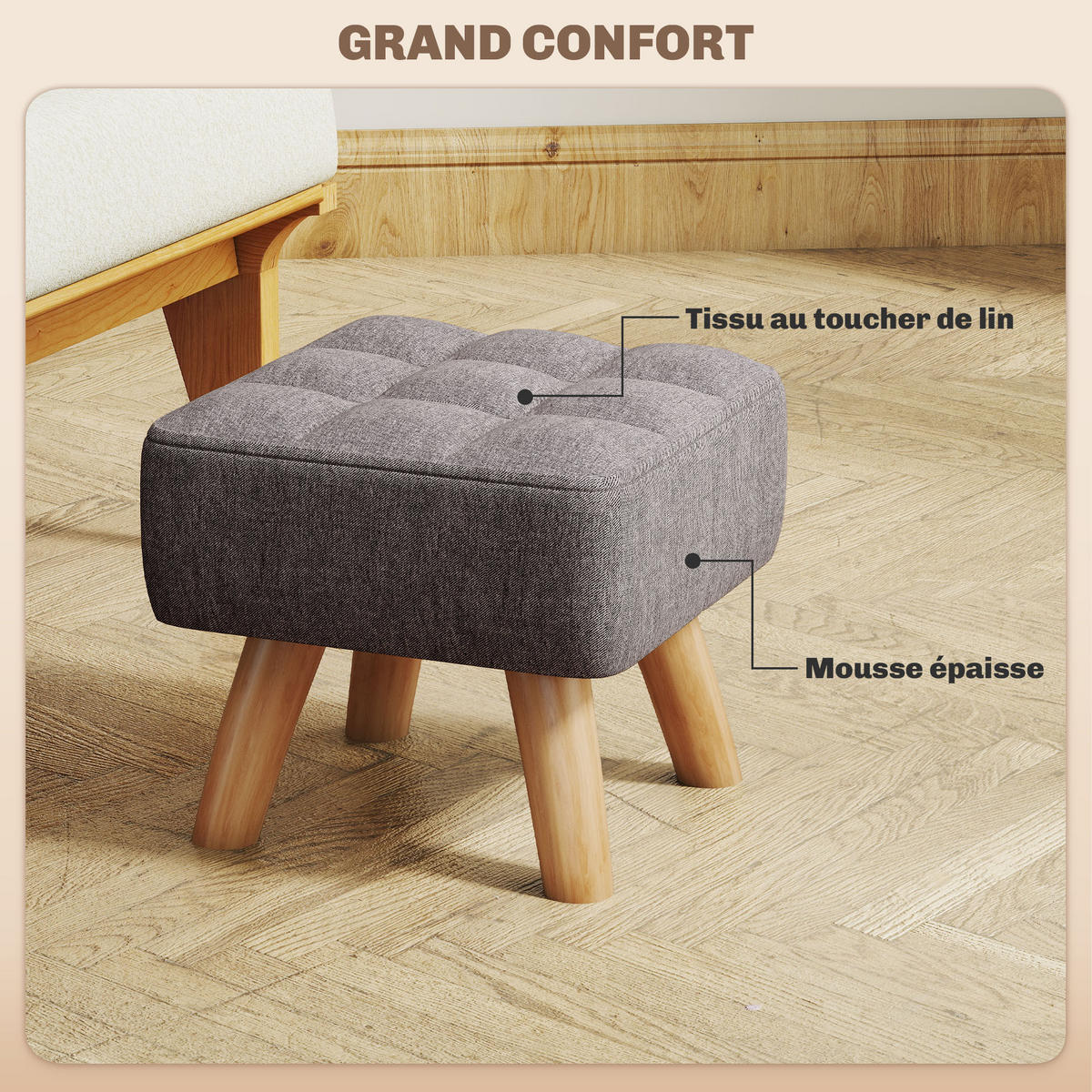 HOCKER DE-16433 gepolstert mit Holzbeinen Grau - Grau, Textil (27/26/27cm) - ComfortXL