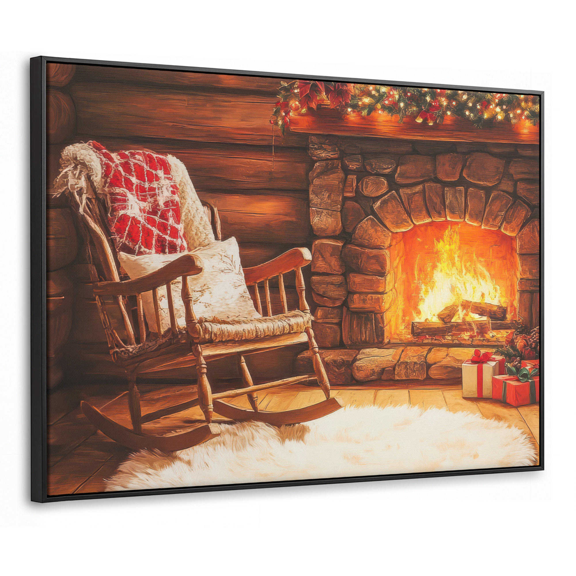 LEINWAND Bilder mit Rahmen - Winter - Weihnachten - Zuhause - Kamin - 100x70 - Bernsteinfarben, Textil (100/70cm) - MuchoWow