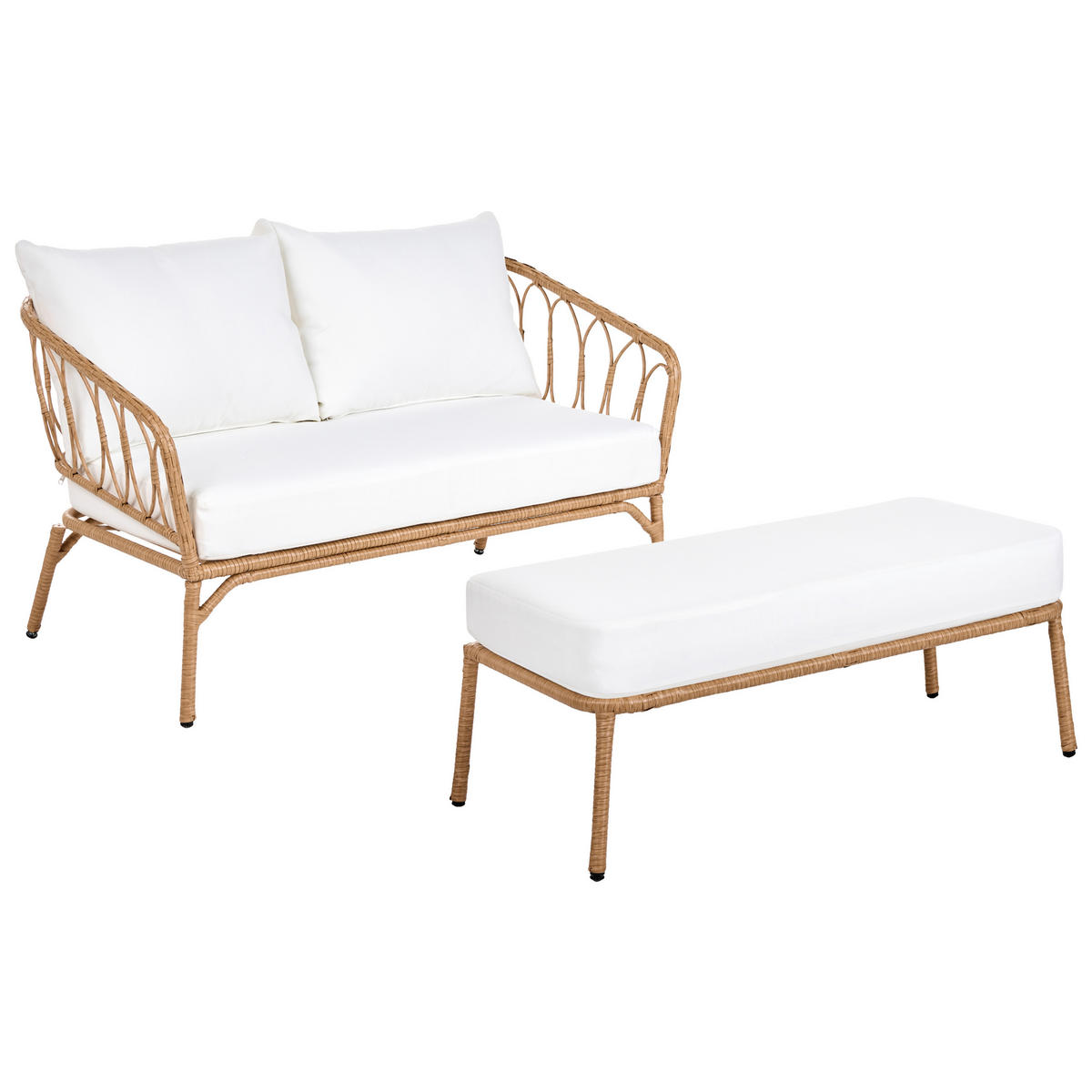 ZAHRADNÍ POHOVKA 2-místná s lavicí Polyratan Světle hnědá Follo - bílá/hnědá, plast (130/89/66cm) - Beliani
