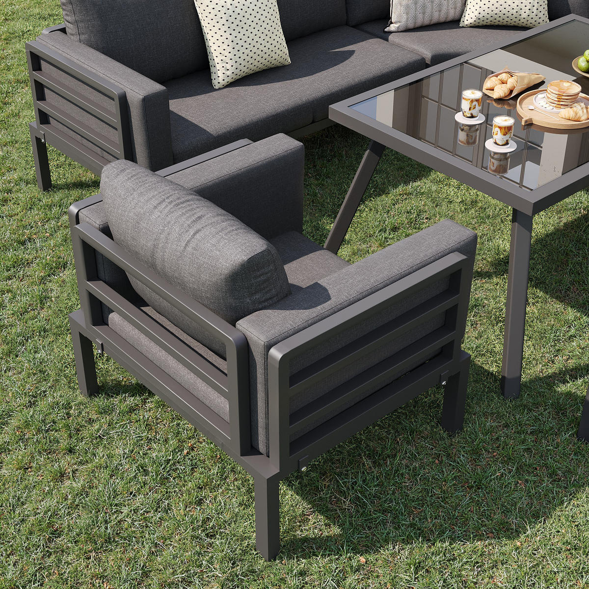 GARTENLOUNGE-SET Sitzgruppe für 8 Personen mit L-förmiges Gartensofa&Tisch Essgruppe - Grau, Textil/Metall - STILVORA