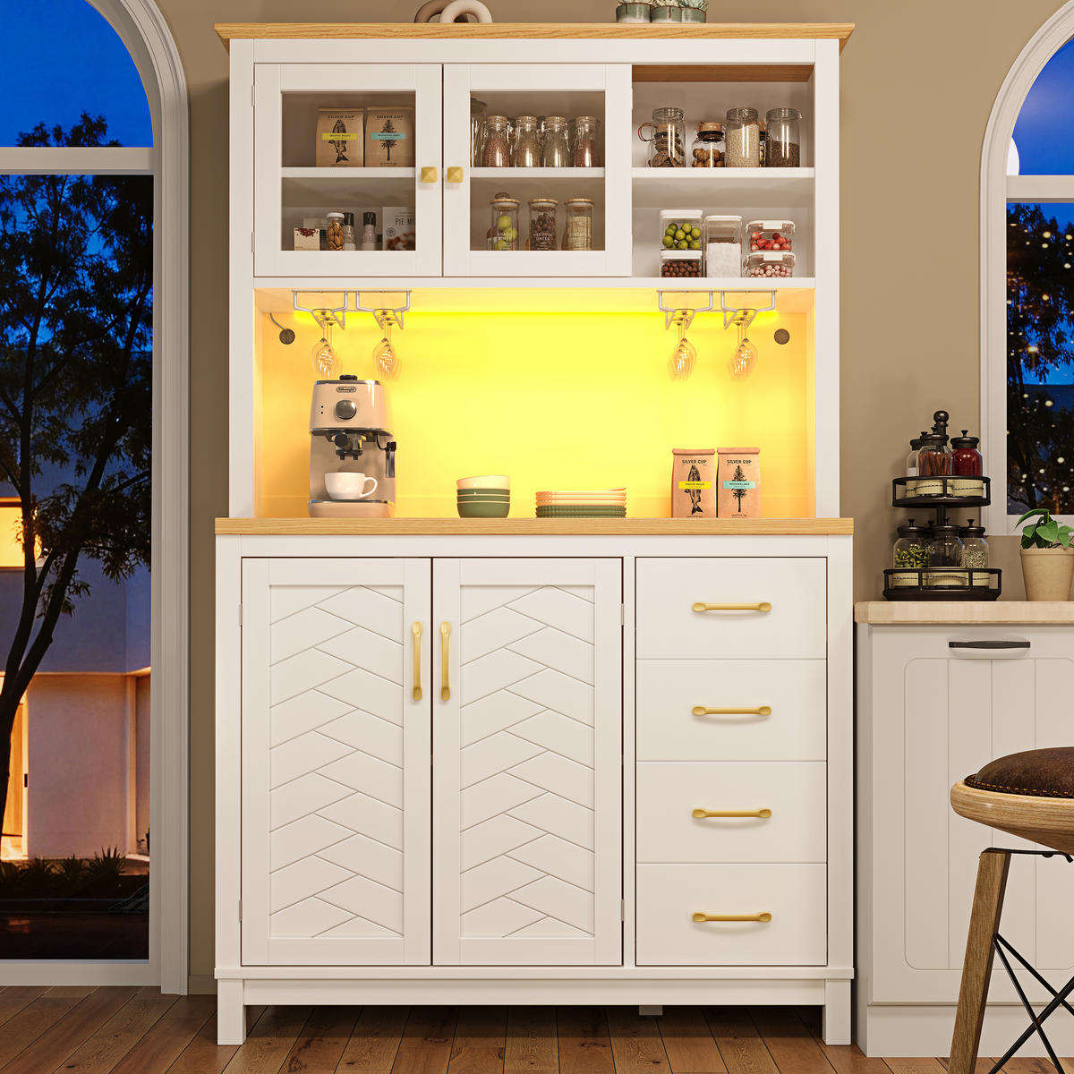 HIGHBOARD in Weiß Küchenschrank mit LED-Beleuchtung und Schubladen für Küche und Wohnzimmer, B105.5/T40/H180 cm - Weiß, Glas/Holzwerkstoff (105.5/180/40cm) - STILVORA