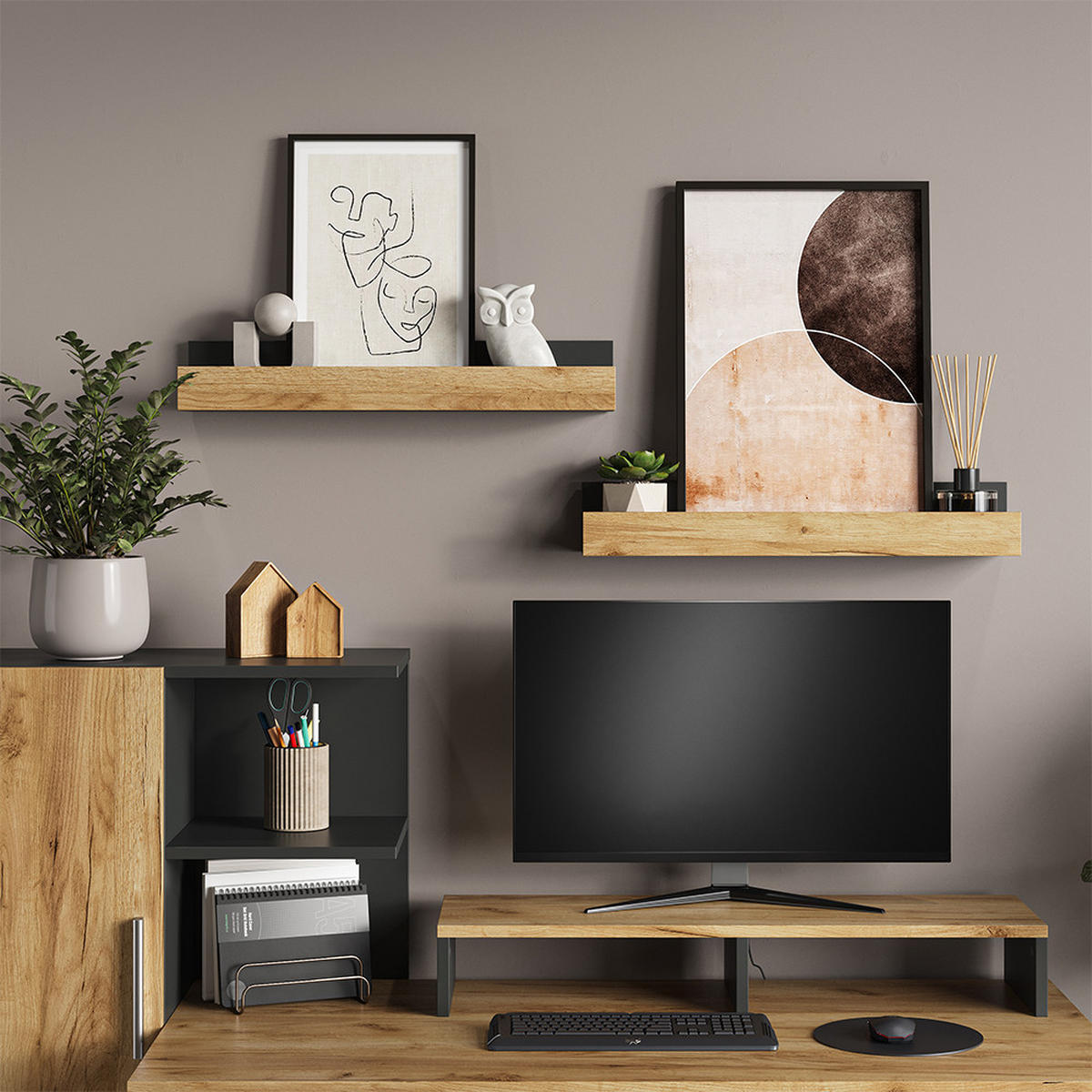 WANDREGAL Tomy Anthrazit/Goldkraft Eiche 60 x 10 cm 2er Set - Anthrazit/Eiche Wotan, Holzwerkstoff (60/10/12cm) - Vicco