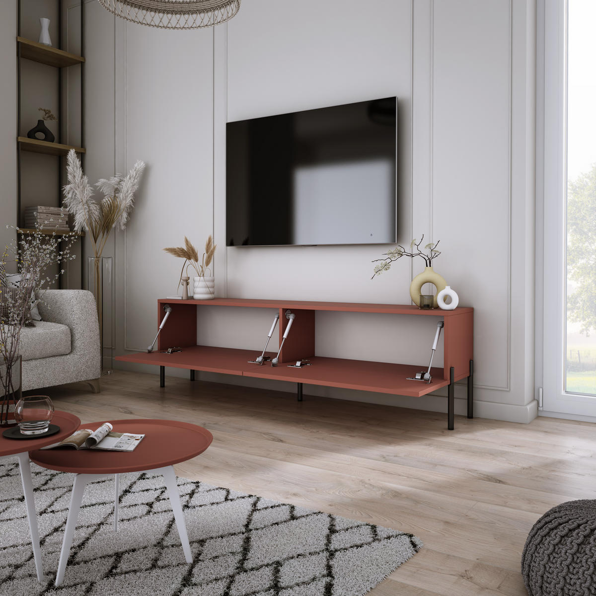 TV-SCHRANK : Ziegelrot, 140 x 52 x 32 cm, schwarze Beine - Rot/Schwarz, Holzwerkstoff/Metall (140/52/32cm) - 3XE LIVING