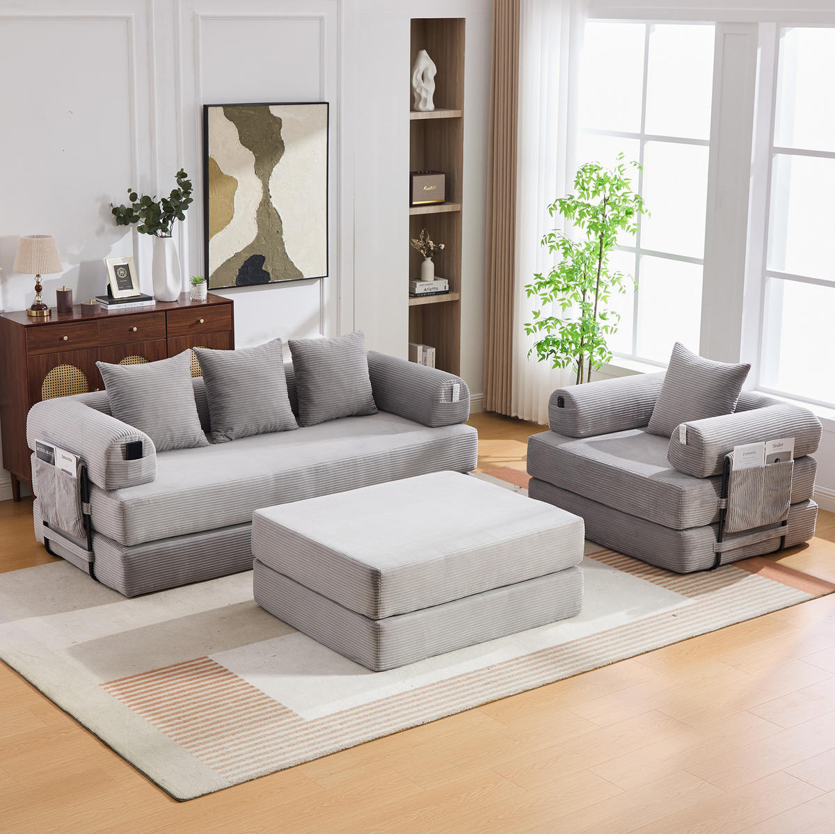 ECKSOFA aus Cord 200x94x67 cm Hellgrau mit Hocker, Metallrahmen und Seitentasche - Hellgrau, Textil (200/190cm) - Modfu