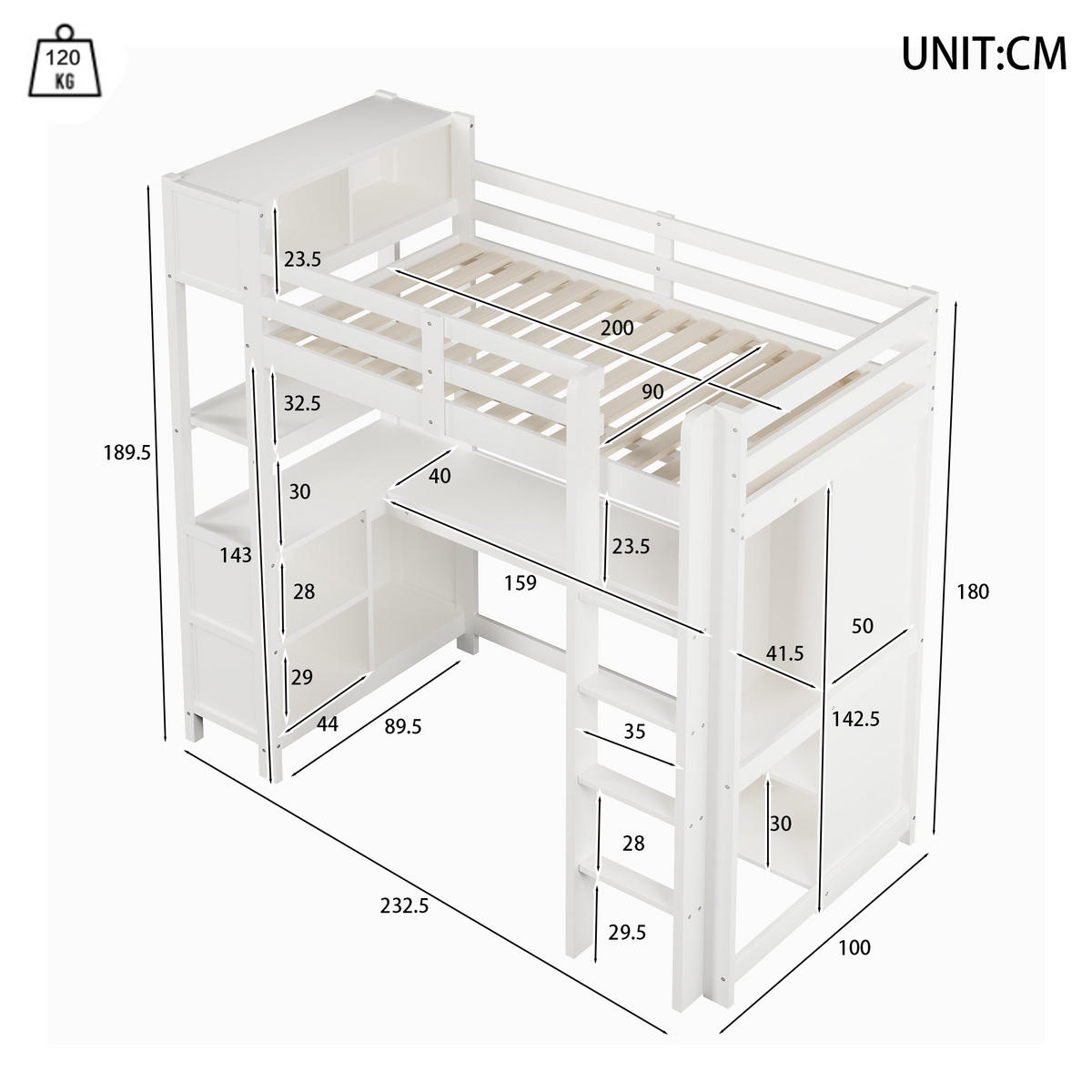 HOCHBETT 90/200 cm in Weiß mit Schreibtisch, Regal und Kleiderschrank im minimalistischen Design - Weiß, Holzwerkstoff (90/200cm) - STILVORA