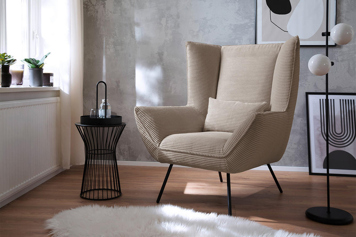 SESSEL IVA Taupe Cord - Taupe/Schwarz, Textil/Metall (90/112/94cm) - KAWOLA