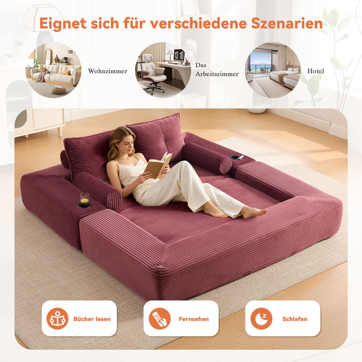 SCHLAFSOFA mit Klappfunktion, Memory-Kissen und Getränkehalter aus Cord - Weinrot, Textil (180/80/98cm) - EVRYAE