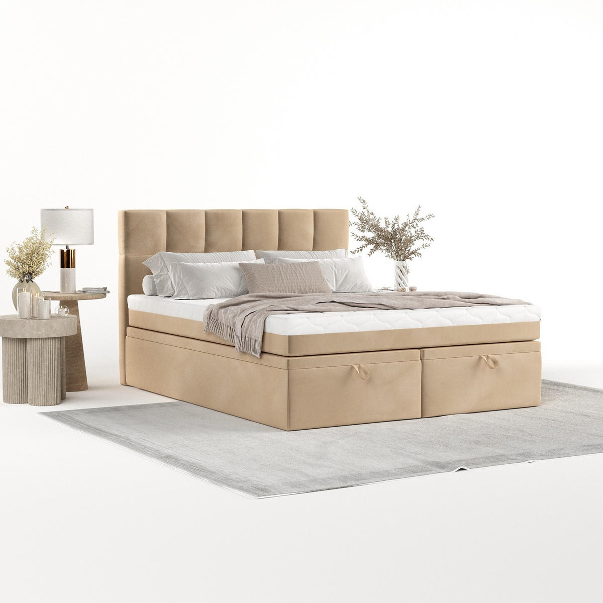 BOXBETT Elano 160/200 cm Beige im Kronos Stoff - Beige/Schwarz, Holz/Holzwerkstoff (160/200cm) - AltaBeds