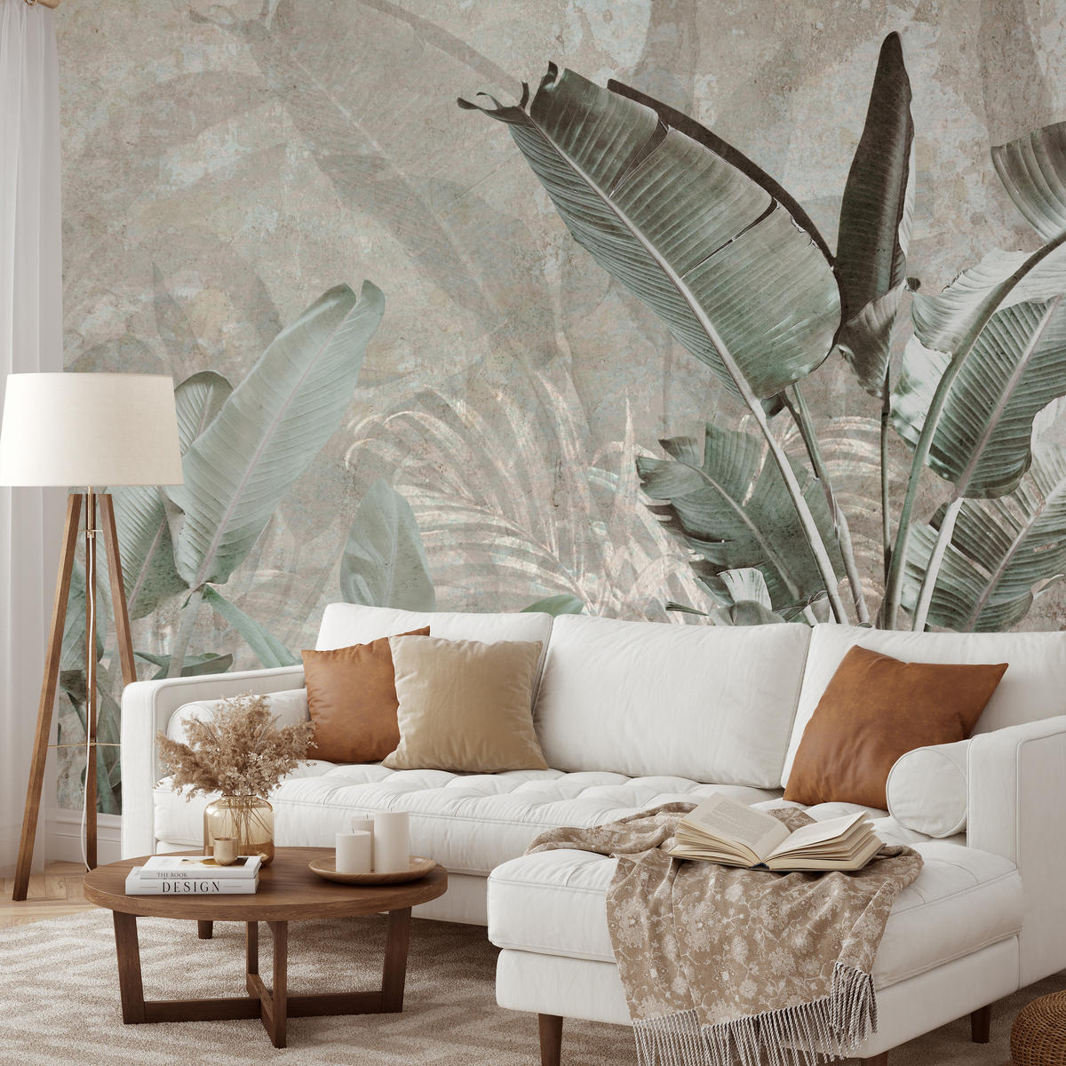 FOTOTAPETE für Büro Beton Bananenblätter Abstrakt Pflanzen Vintage 350x256 - Beige/Braun, Papier (350/256cm) - Muralo
