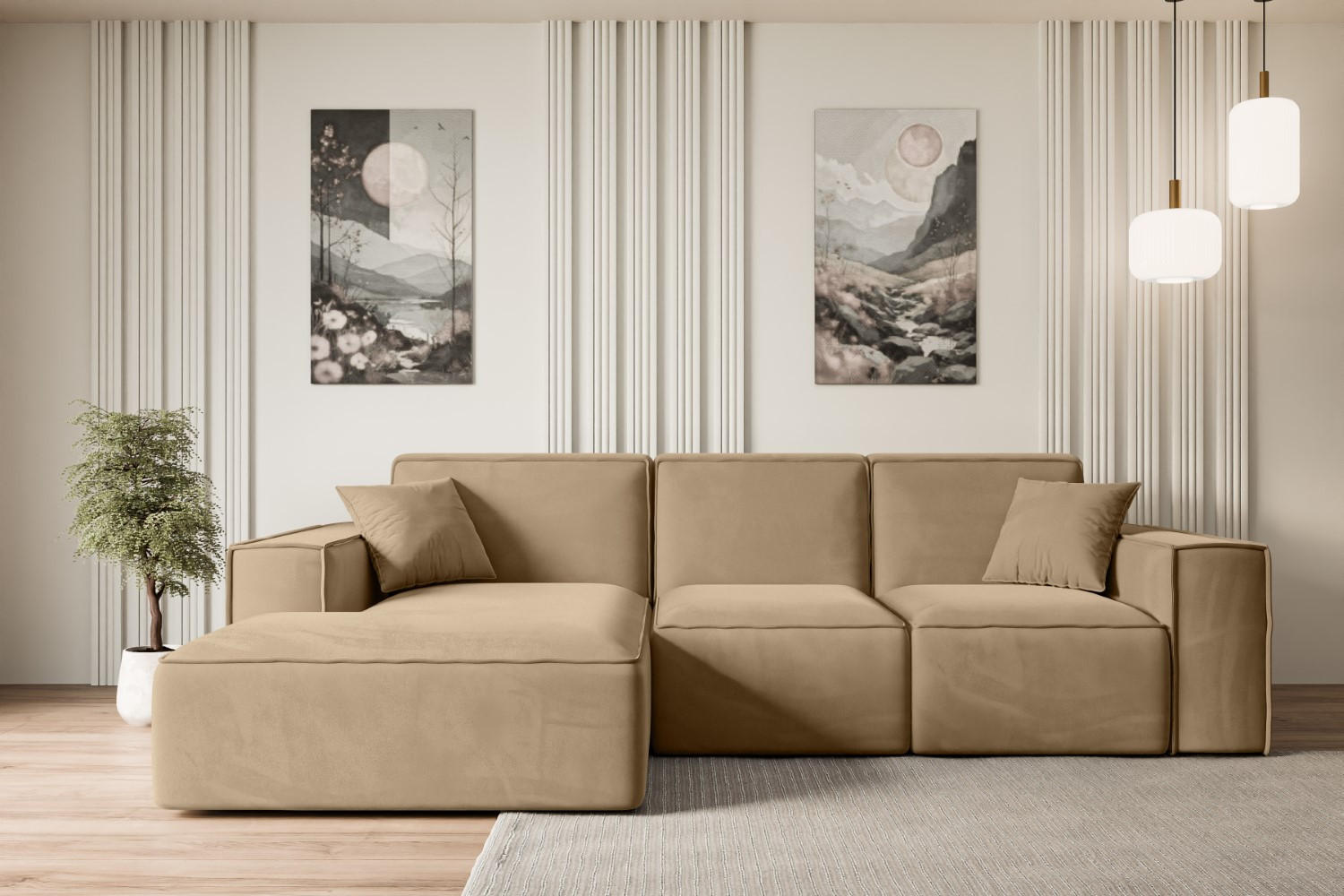 ECKSOFA Ottomane Links SERRA-L - 266x165x73 cm Beige Velours - Beige/Schwarz, Holzwerkstoff/Kunststoff (165/266cm) - ALTDECOR