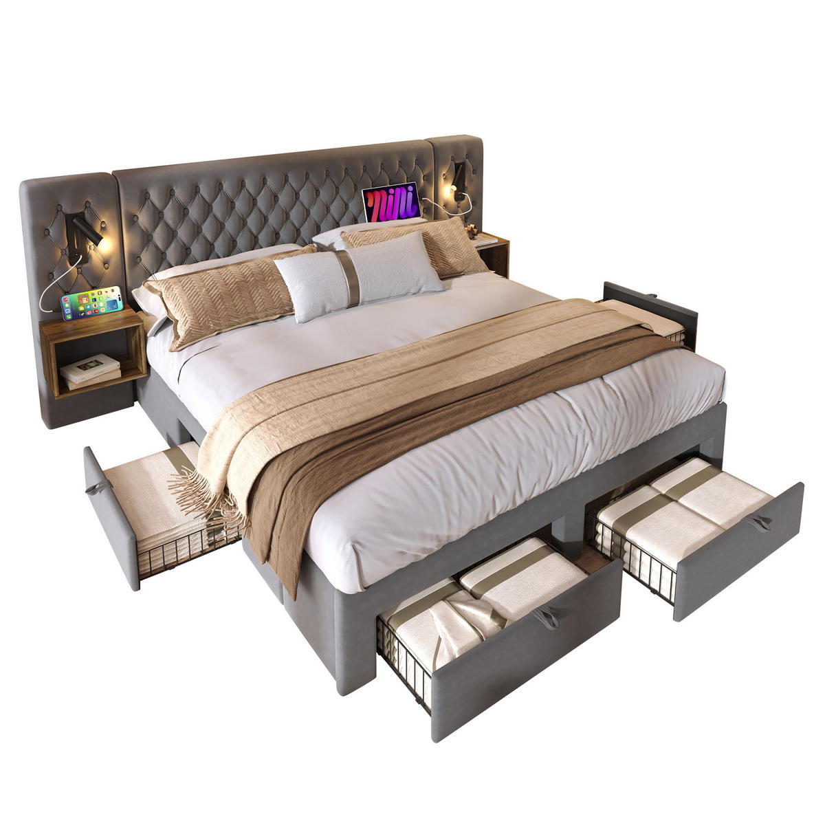 POLSTERBETT 180/200 cm mit 4 Schubladen, 2 Nachttischen, LED-Leselicht & USB/Type-C, Grau Samt - Grau, Textil (180/200cm) - Redom