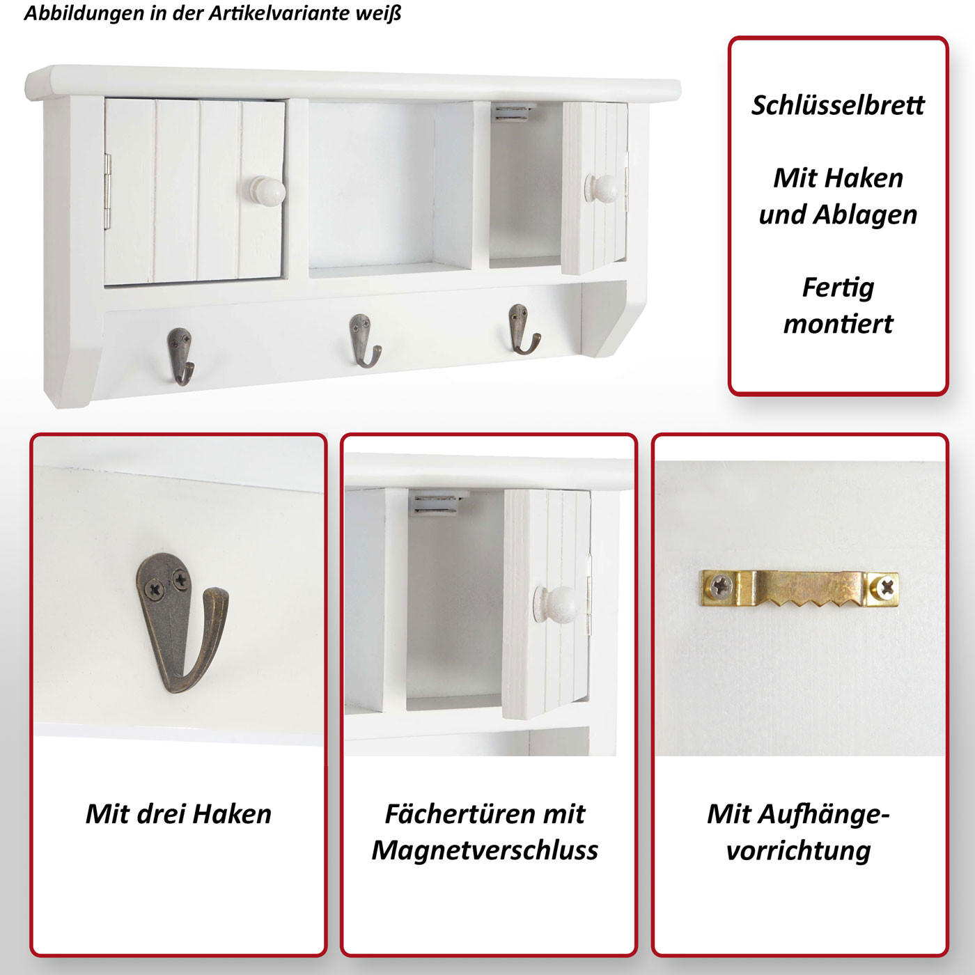 SCHLÜSSELBRETT Weiß - Weiß, Holz (40/19/8cm) - MCW