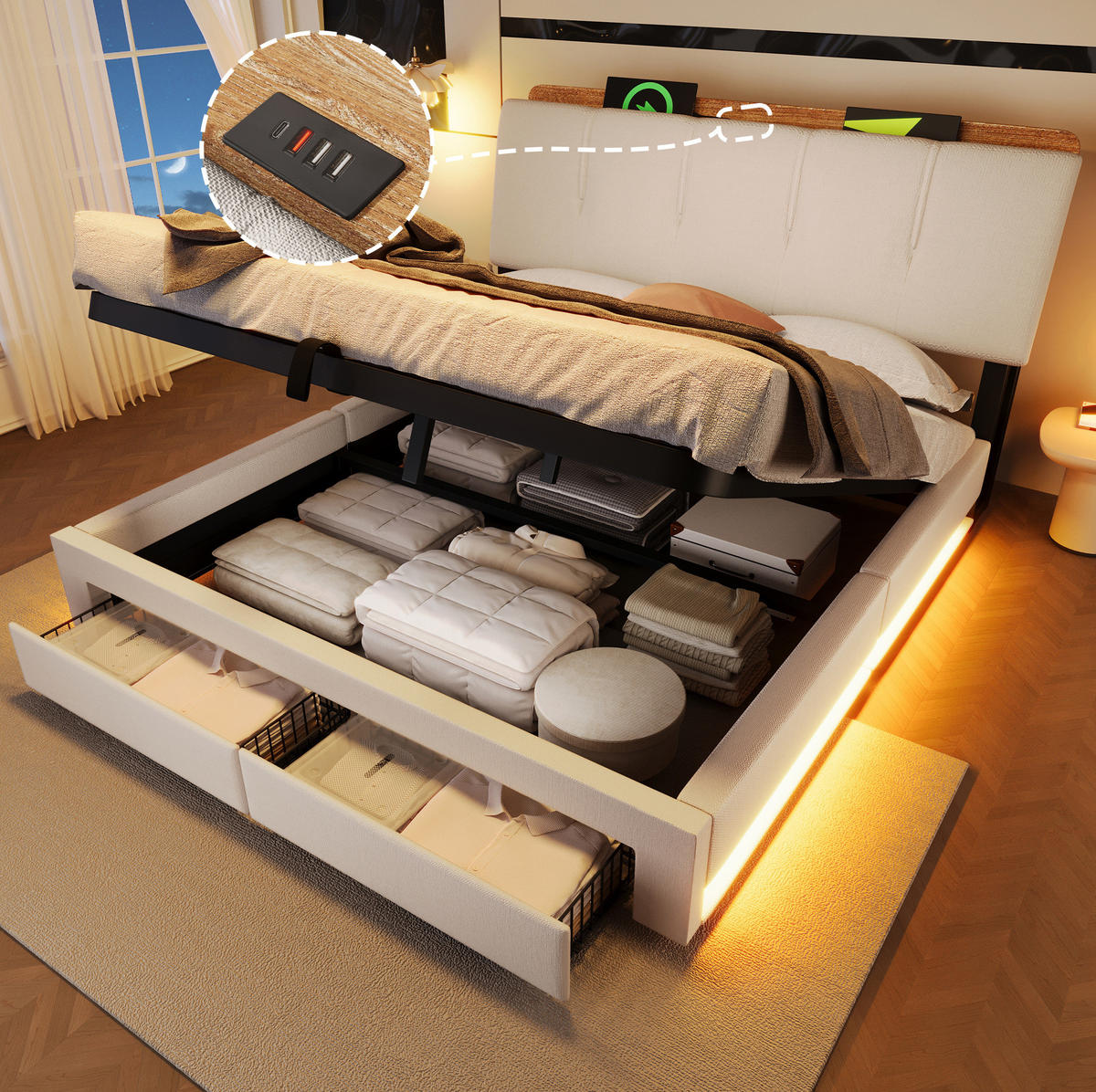 POLSTERBETT 140/200 cm Beige mit LED-Beleuchtung, USB- und USB-C-Anschluss, hydraulischem Bettkasten und Schubladen - Beige, Textil (140/200cm) - OKMYHOME