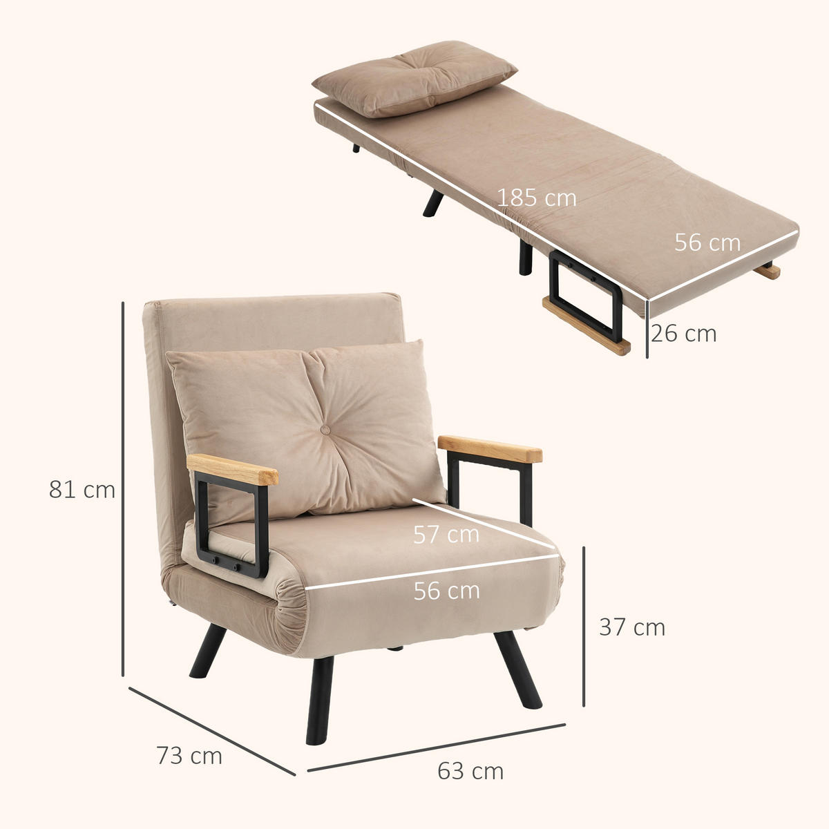 SCHLAFSESSEL, Einzelsofa mit Bettfunktion, Relaxsessel mit Rückenkissen Beige - Beige/Schwarz, Holz/Textil (73/81/63cm) - HOMCOM