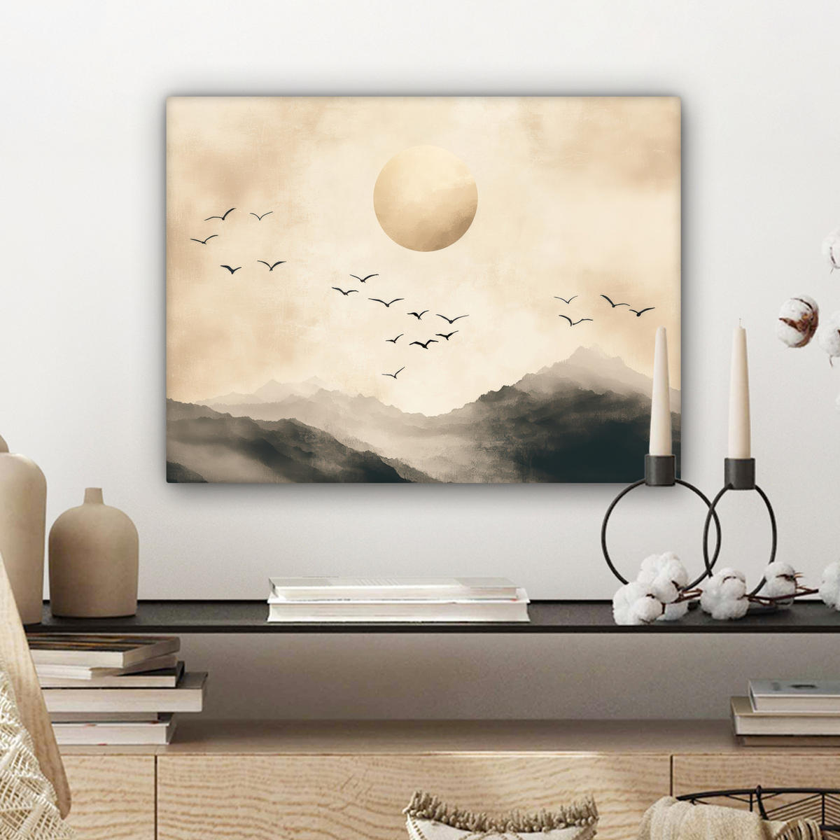 LEINWANDBILD Landschaft - Japandi - Vogel 40x30 cm - Beige, Textil (40/30cm) - MuchoWow