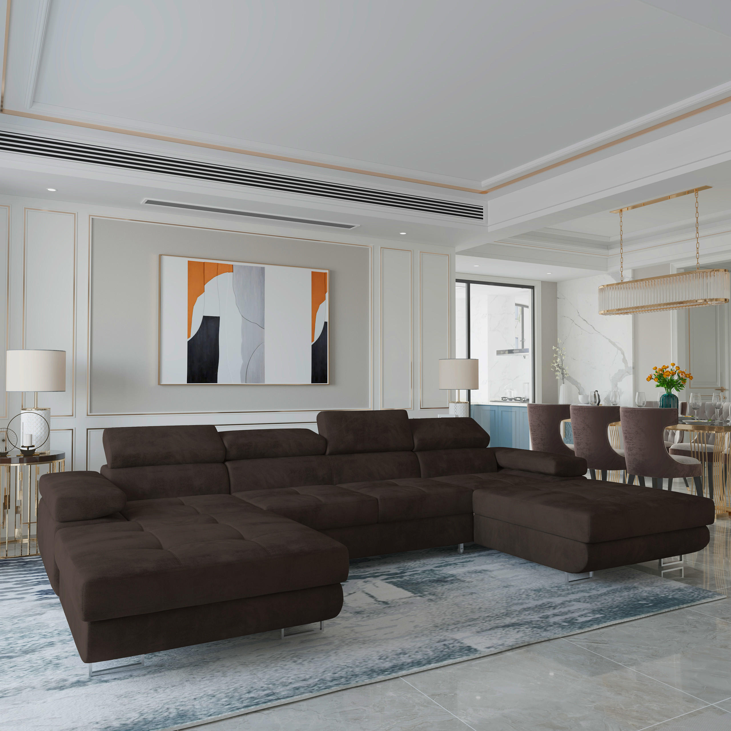 WOHNLANDSCHAFT LYKKE Braun Velours-Stoff mit Schlaffunktion - Braun, Holz (353/90/202cm) - MASSENO