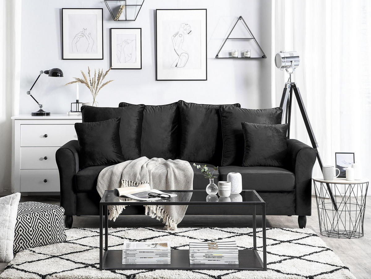 3 SZEMÉLYES KANAPÉ Bársony Fekete Bornholm - fekete, textil (197/76/79cm) - Beliani