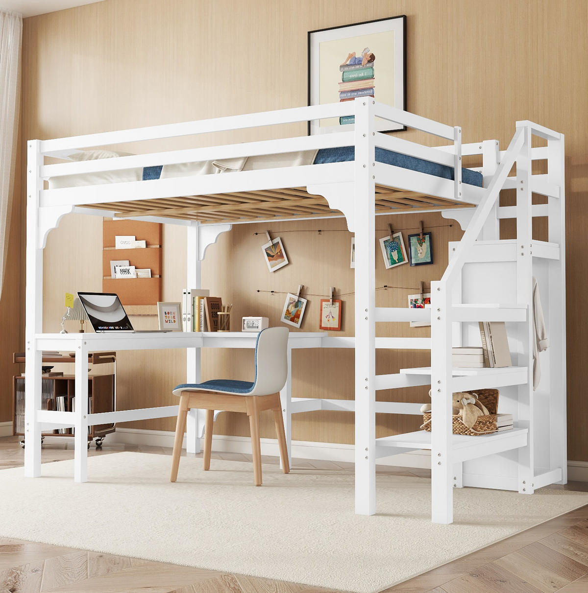 HOCHBETT 140/200 cm Weiß aus Kiefernholz und MDF mit Schreibtisch - Weiß, Holz (140/200cm) - OKMYHOME