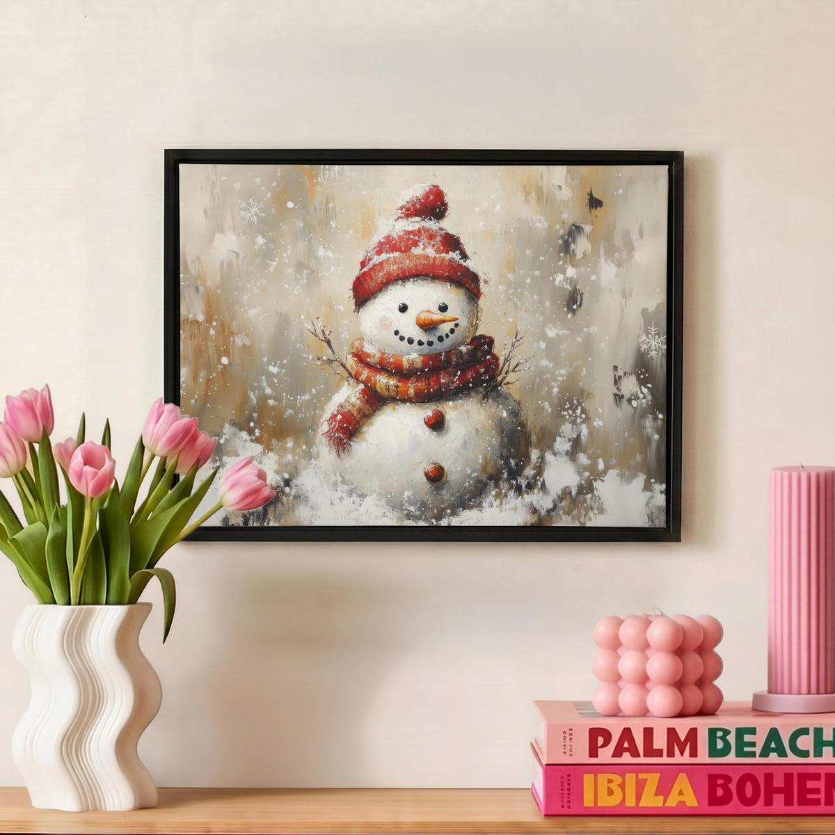 LEINWAND Bilder mit Rahmen - Schneemann - Winter - Schnee - Beige - 40x30 - Weiß, Textil (40/30cm) - MuchoWow