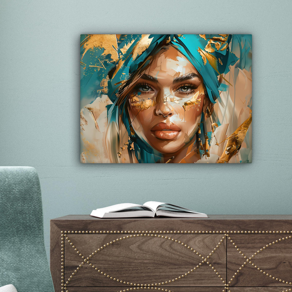 LEINWANDBILD - Frau - Porträt - Gold - Luxus - Blau - 40x30 - Wanddeko - Türkis, Textil (40/30cm) - MuchoWow