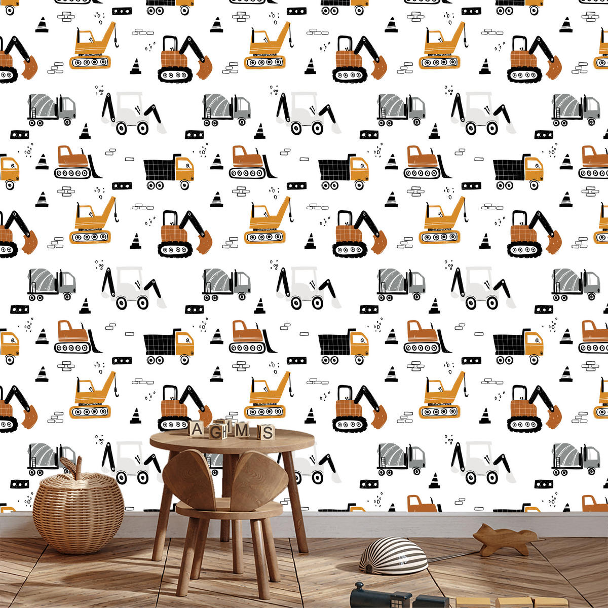 VLIESTAPETE Kräne, Bagger und Baumaschinen – Orange, Schwarz, Weiß – 50x1000 cm - Schwarz/Orange, Papier (50/1000cm) - Muralo